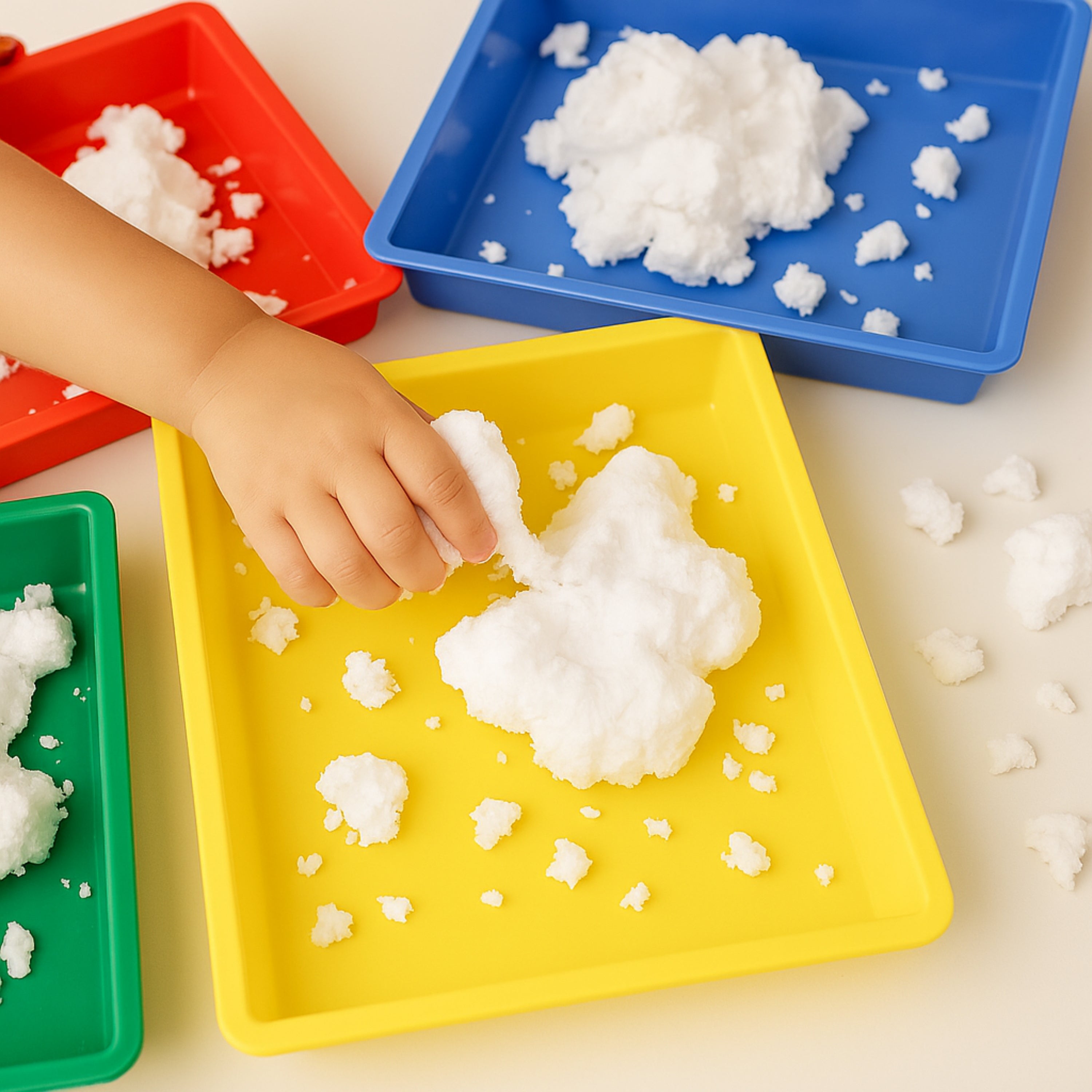 Child playing with white Floof on colorful trays.