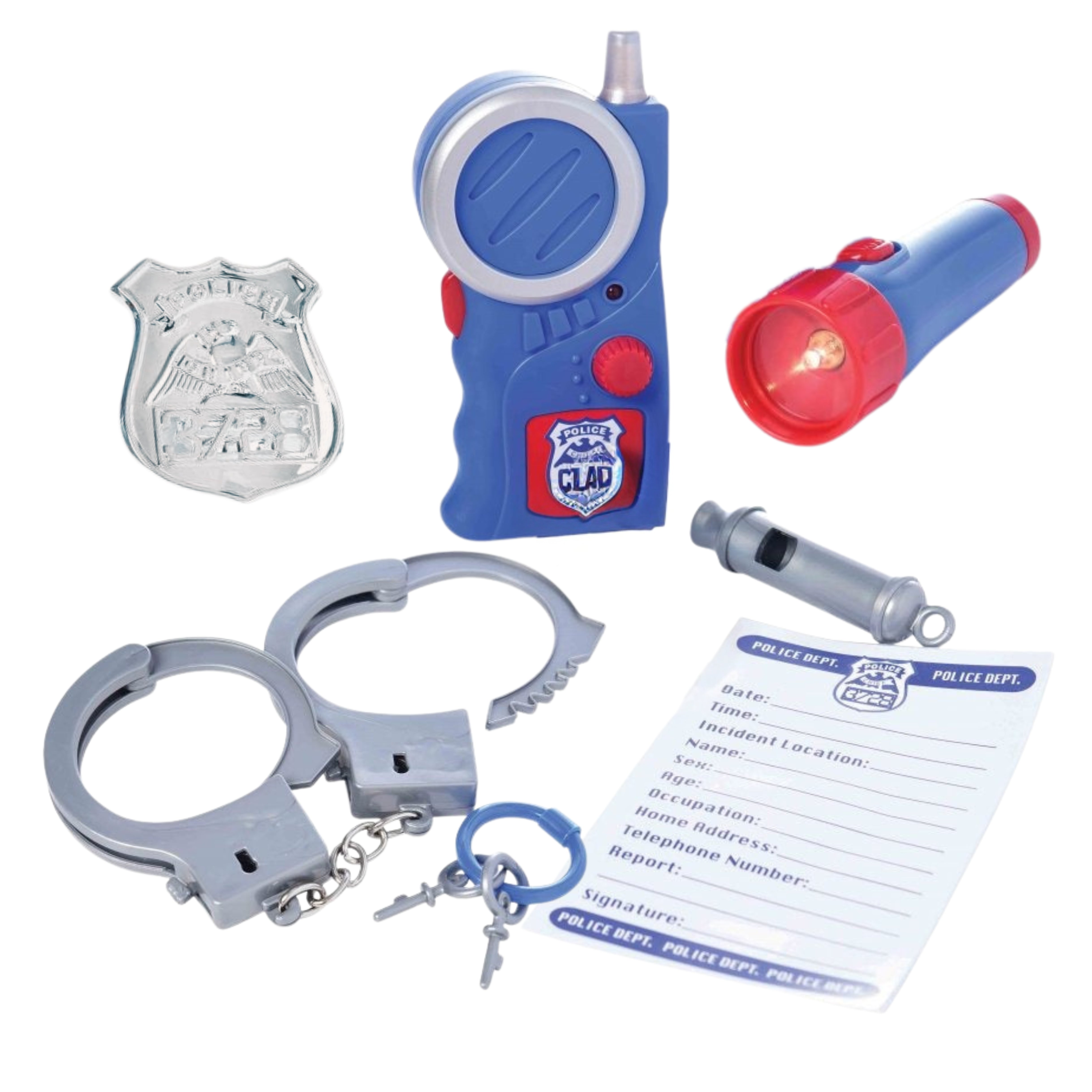 Kids police dress-up accessory set with walkie-talkie, badge, handcuffs, flashlight, keys, whistle, and citation pad