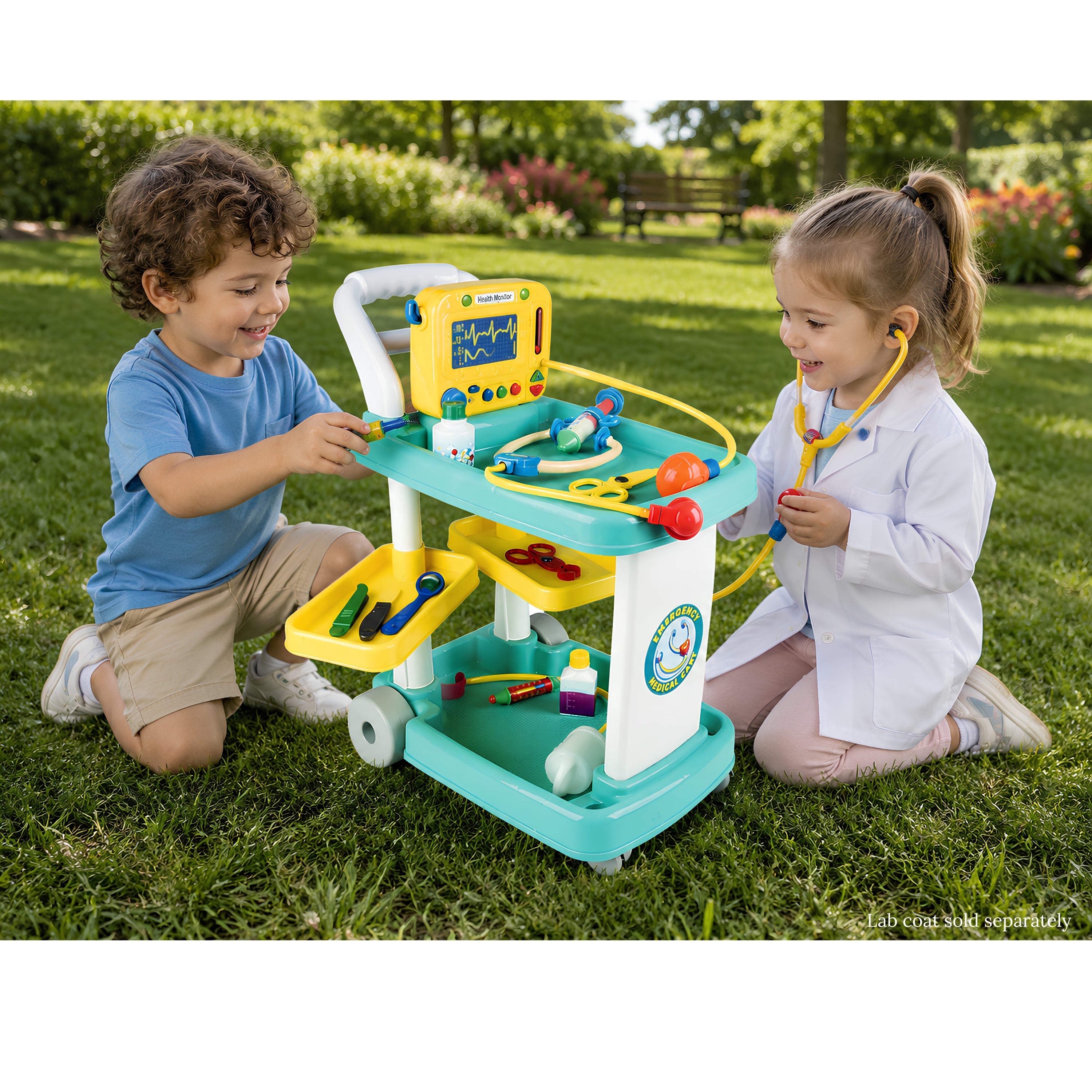 Emergency Medical Play Cart with 11 Accessories and Swiveling Storage Shelves