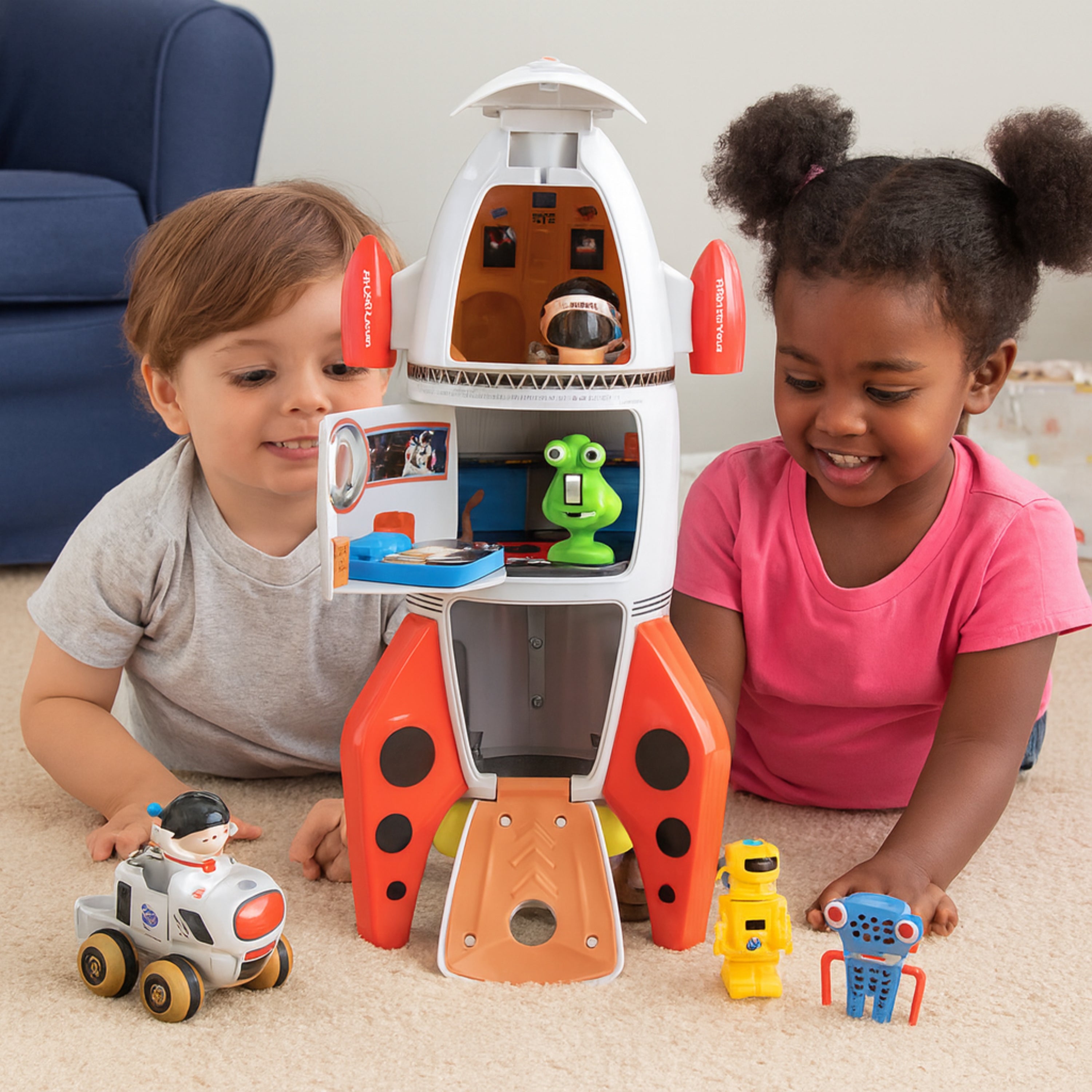 Two children playing with a toy space station and robots on a carpeted floor.
