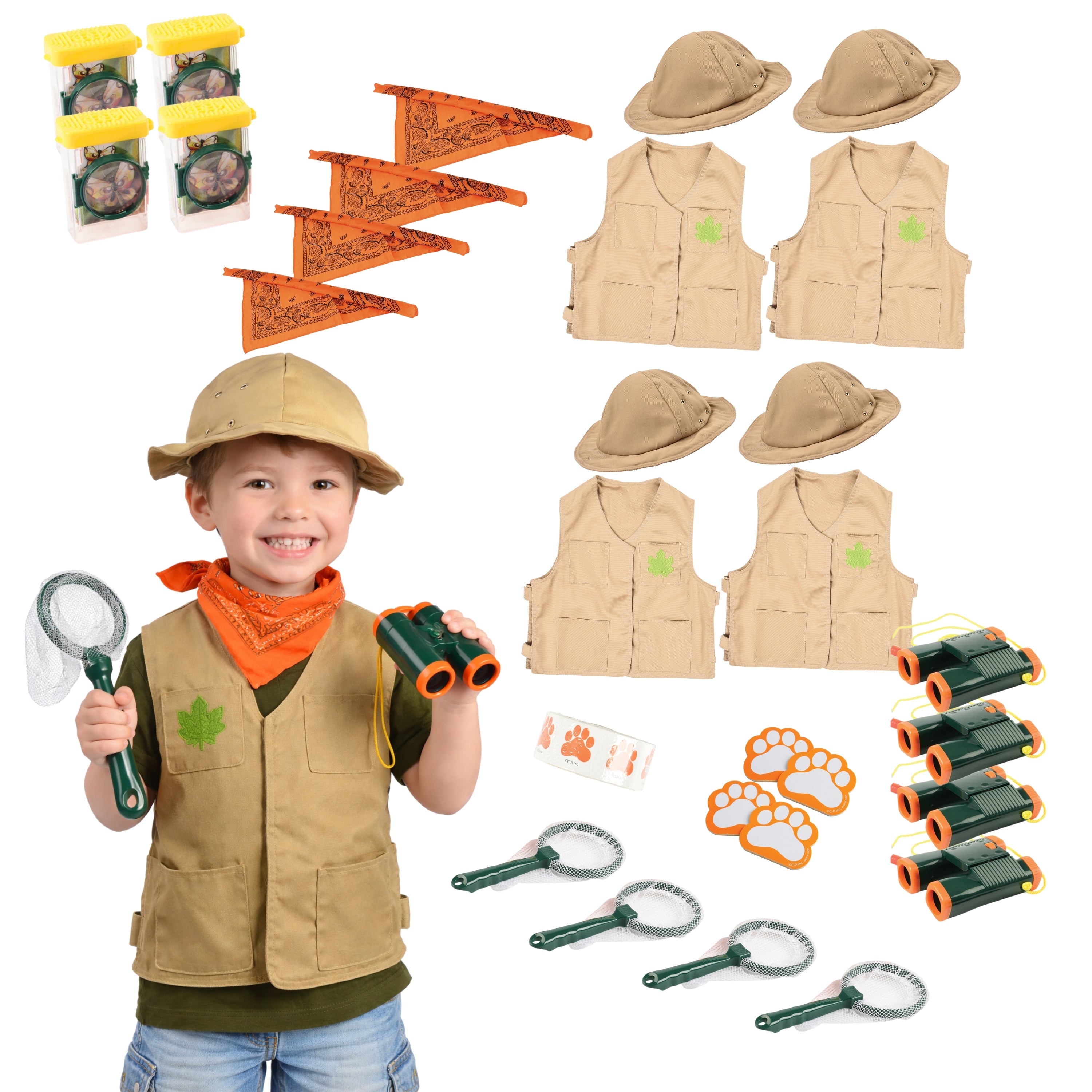 Child in explorer costume with accessories including hats, vests, binoculars, and magnifying glasses on a white background.