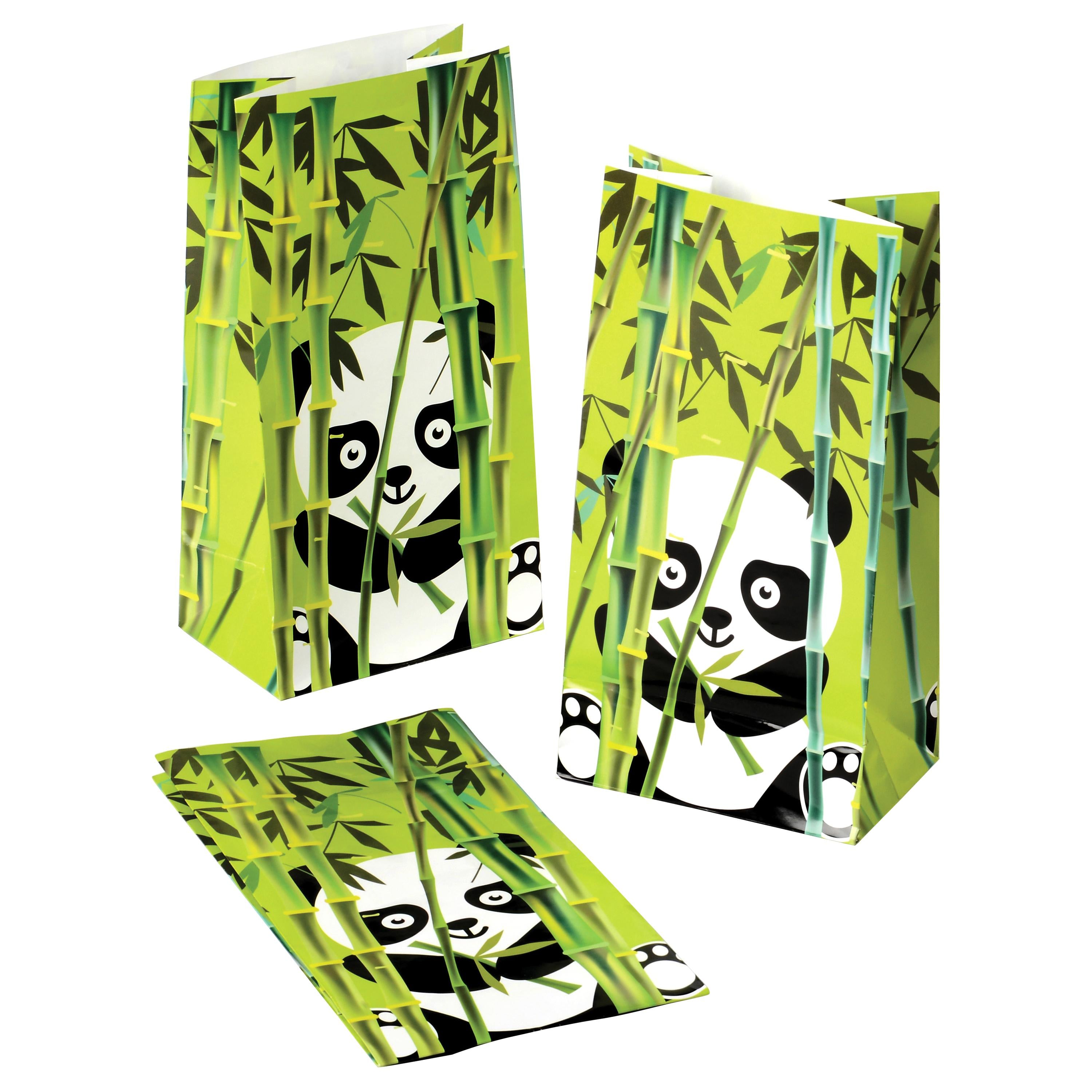 Panda-themed gift bags with bamboo design on a white background