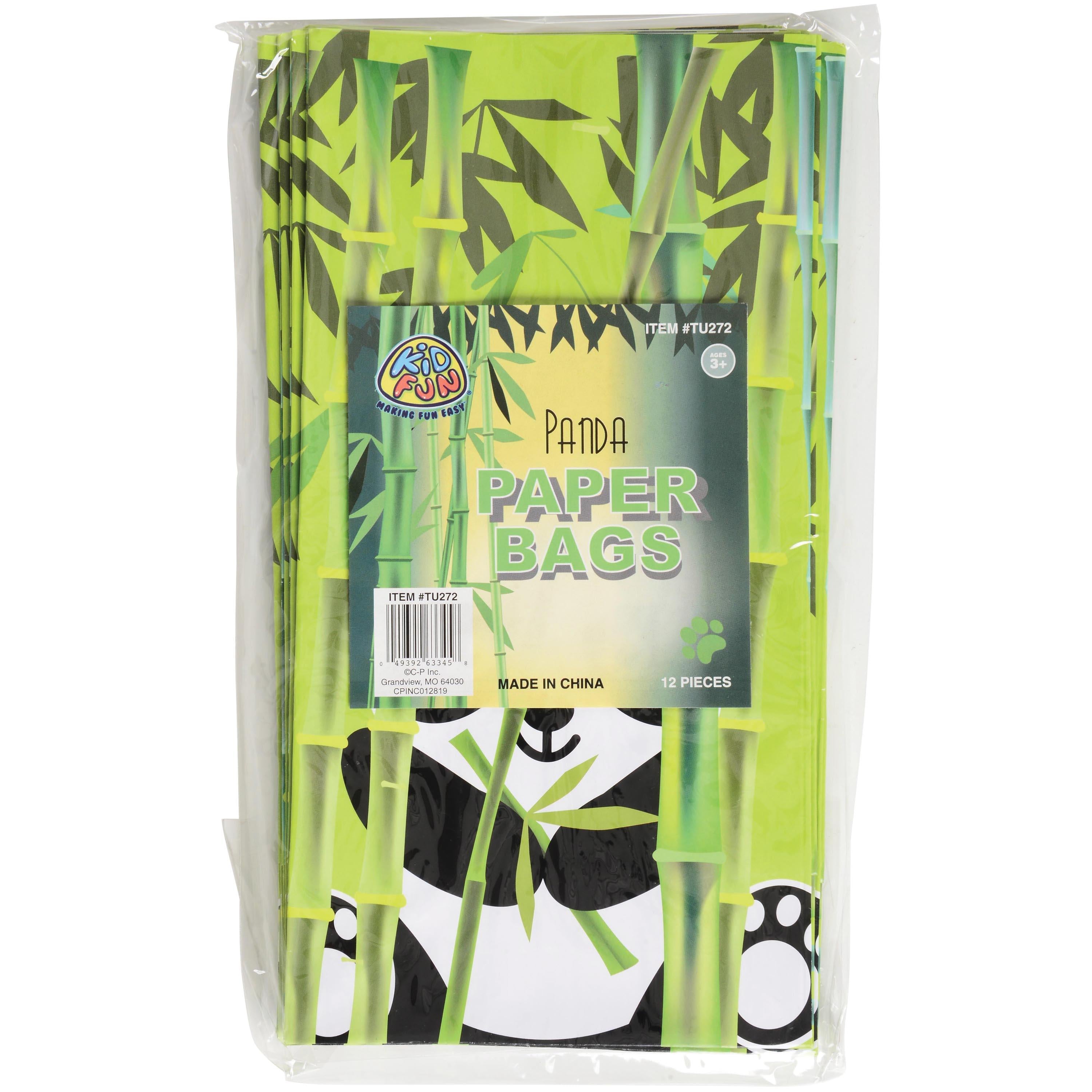 Pack of panda-themed paper bags with green bamboo design on a white background