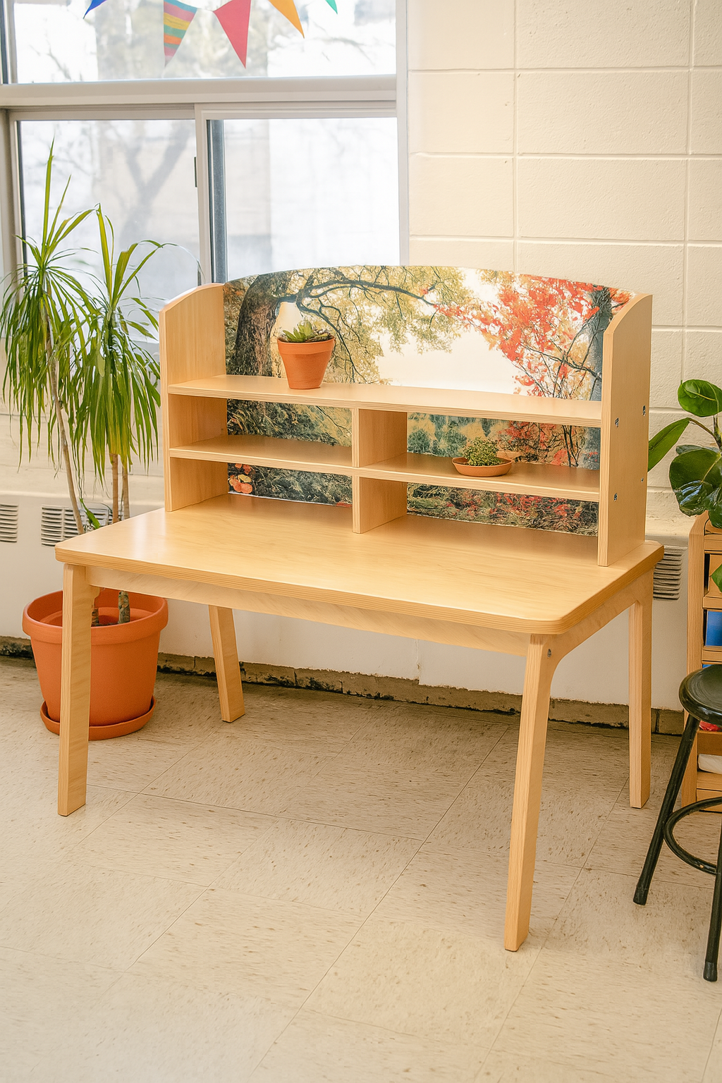 Wooden desk with a bookshelf in a room with plants and a window.