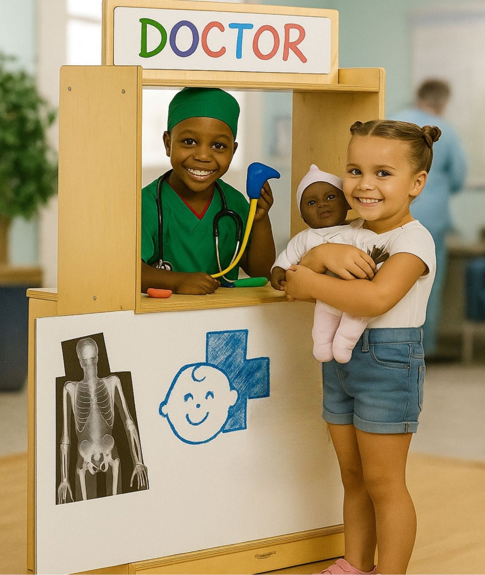 Two children playing with a pretend doctor set in a classroom setting.