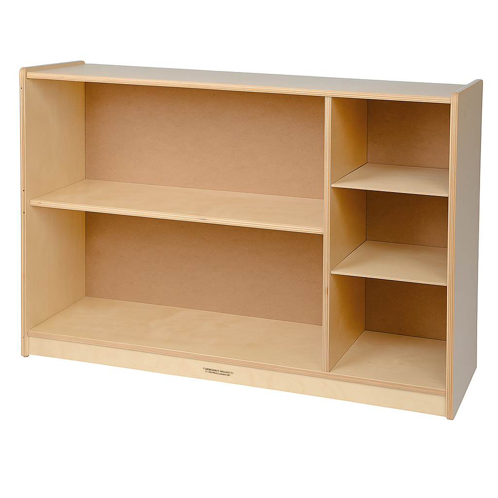 Wooden bookshelf with three shelves on a white background