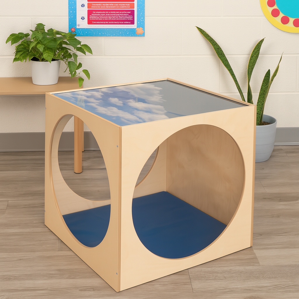 Wooden cube with blue and gray interior in a room with plants and a colorful poster.
