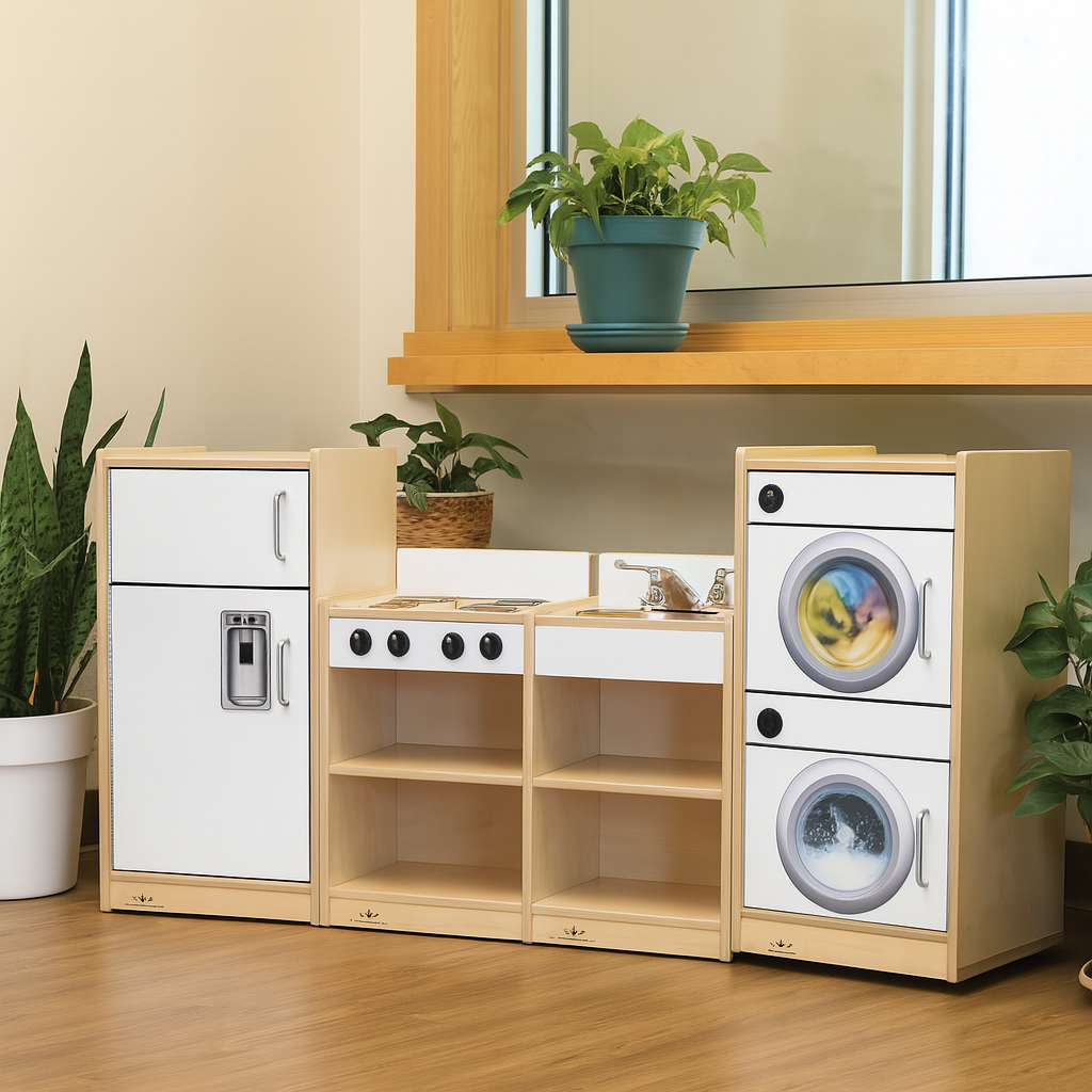 Children's play kitchen set with wooden cabinets and white appliances on a wooden floor.