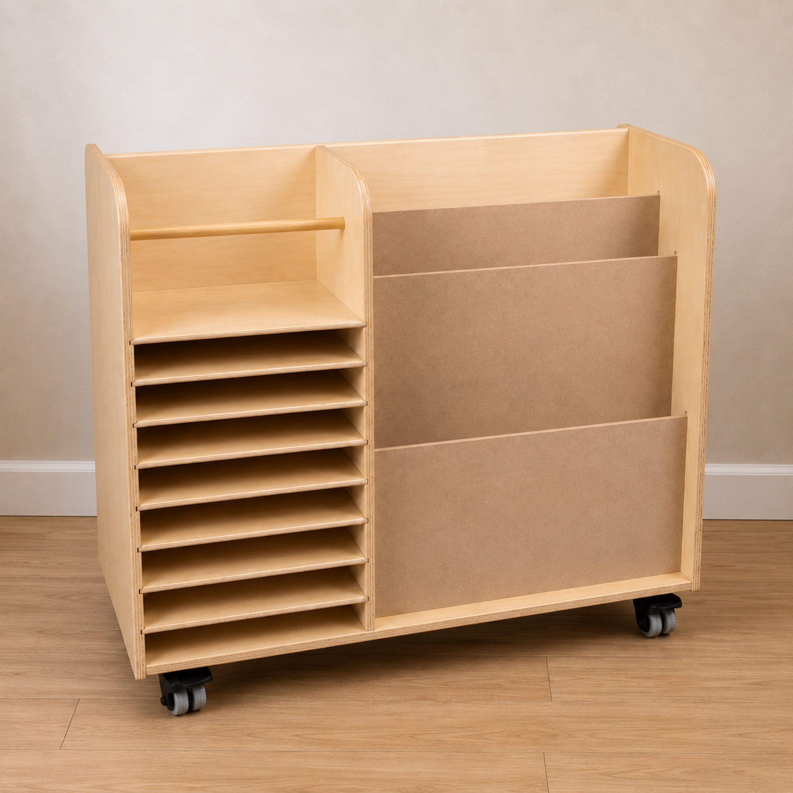 Double-Sided Mobile Art Storage Cart with 16 Woven Baskets