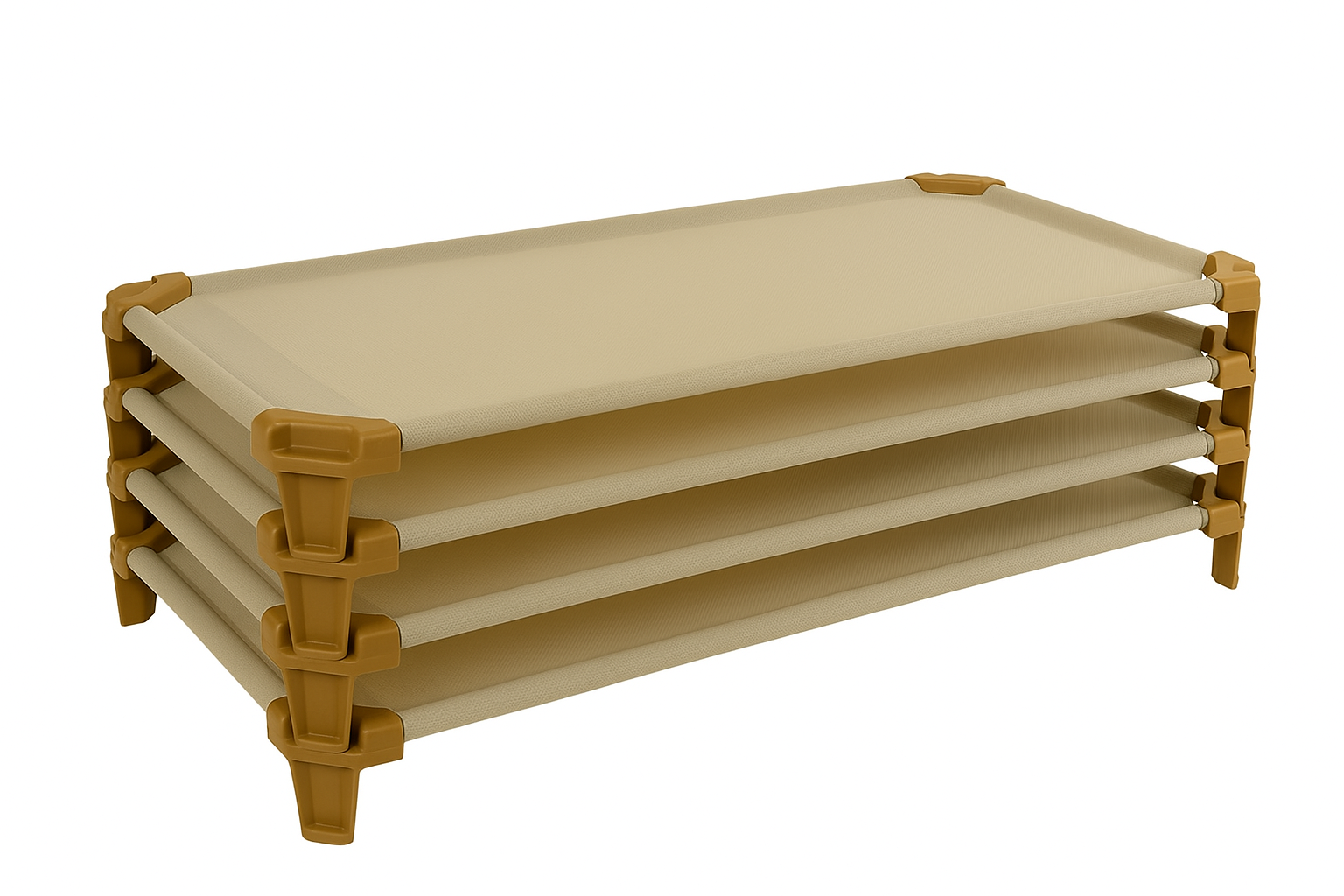 Stackable nap cots with beige cushion on a white background