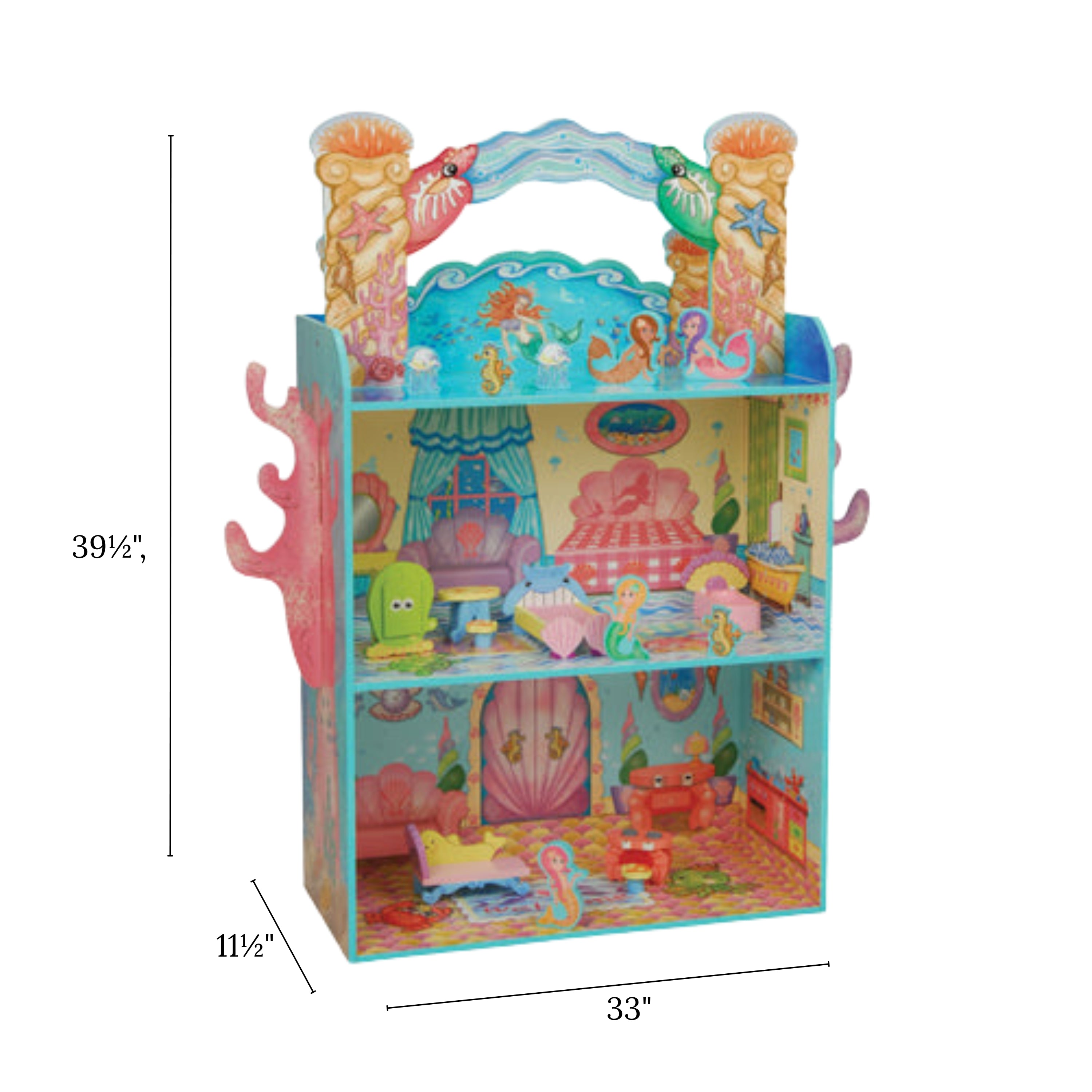 Majestic Mermaid Mansion | 3-Level Wooden Dollhouse with Sea-Life Furniture & Characters