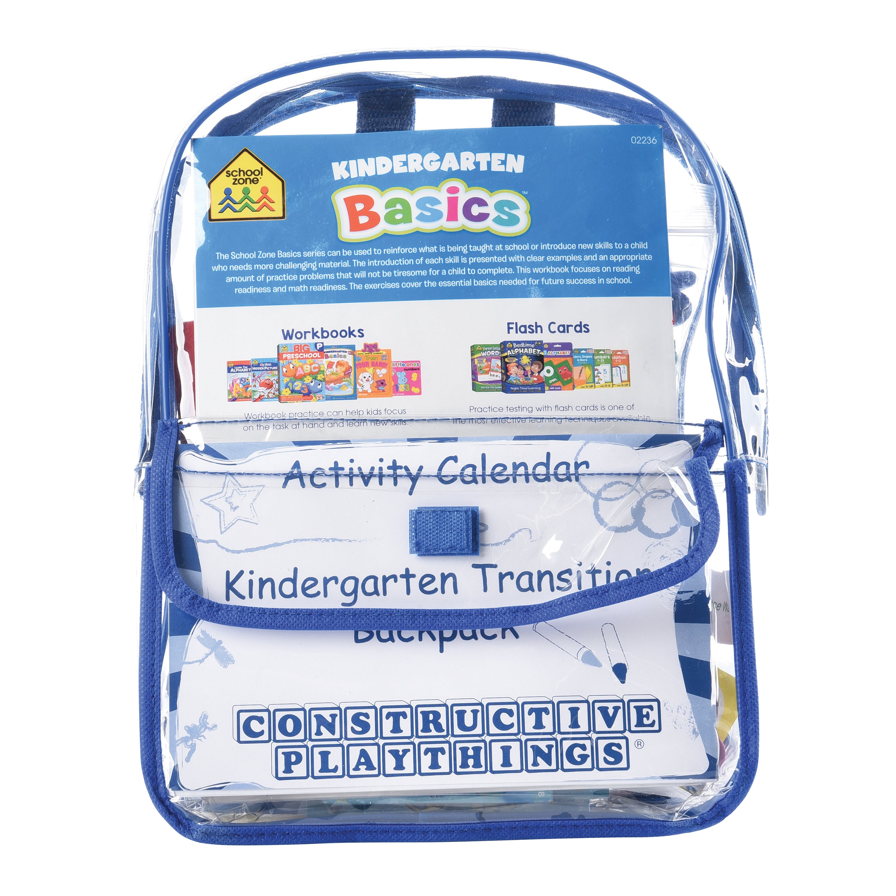Clear backpack with educational materials labeled 'Kindergarten Basics' on a white background