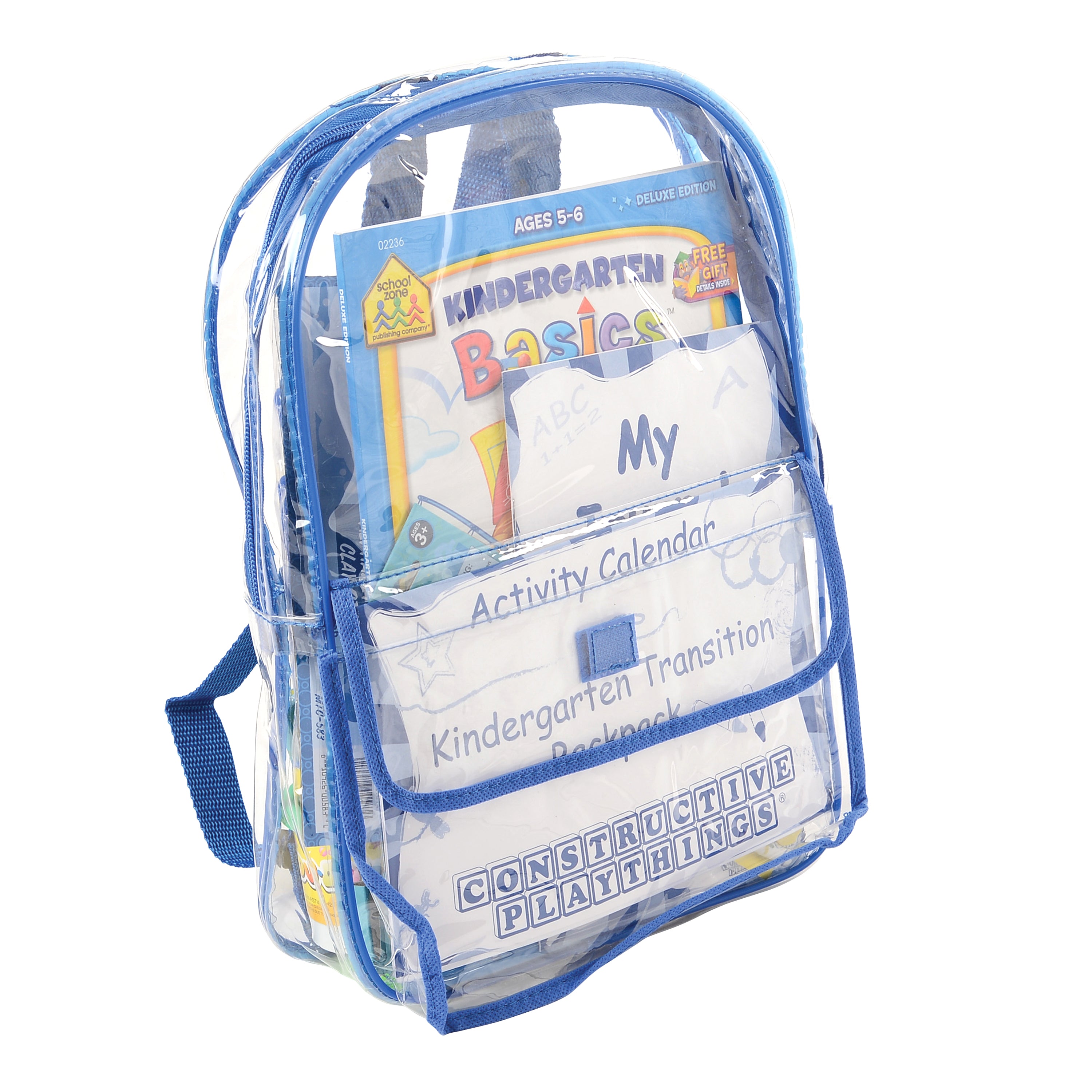 Clear backpack with blue trim containing educational materials on a white background