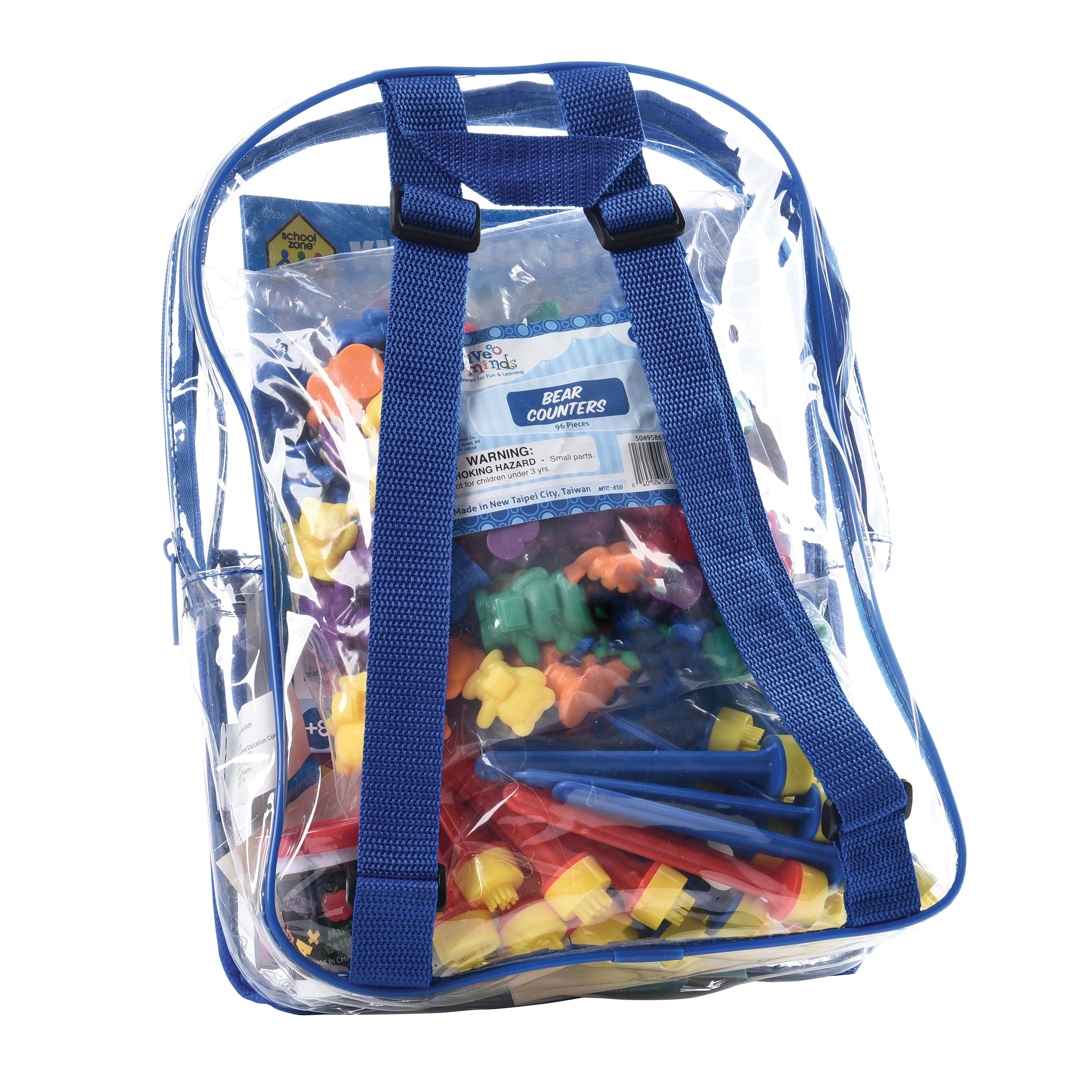Clear backpack with blue straps filled with colorful bear counters on a white background