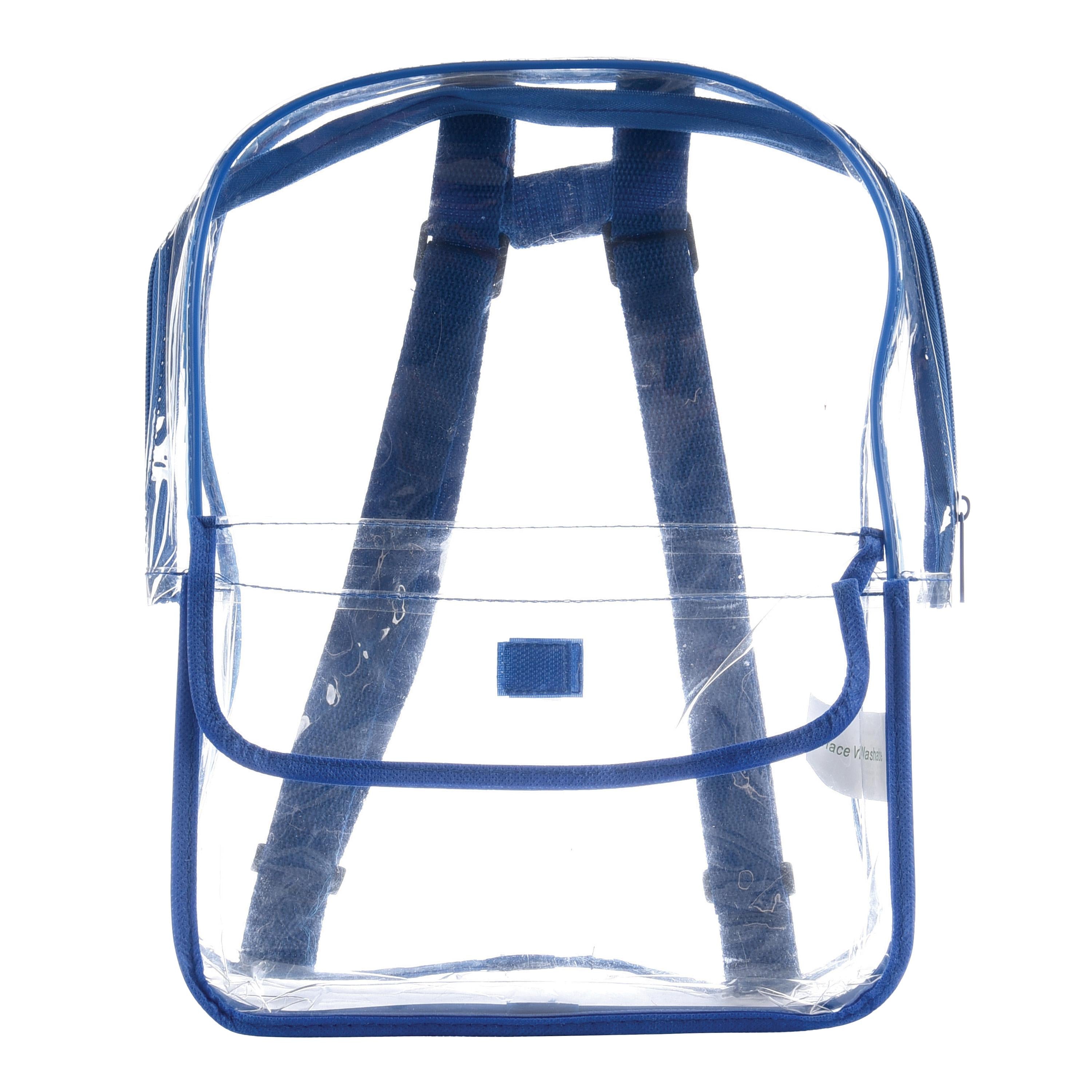 A clear plastic backpack with blue trim and blue shoulder straps, shown against a plain white background.