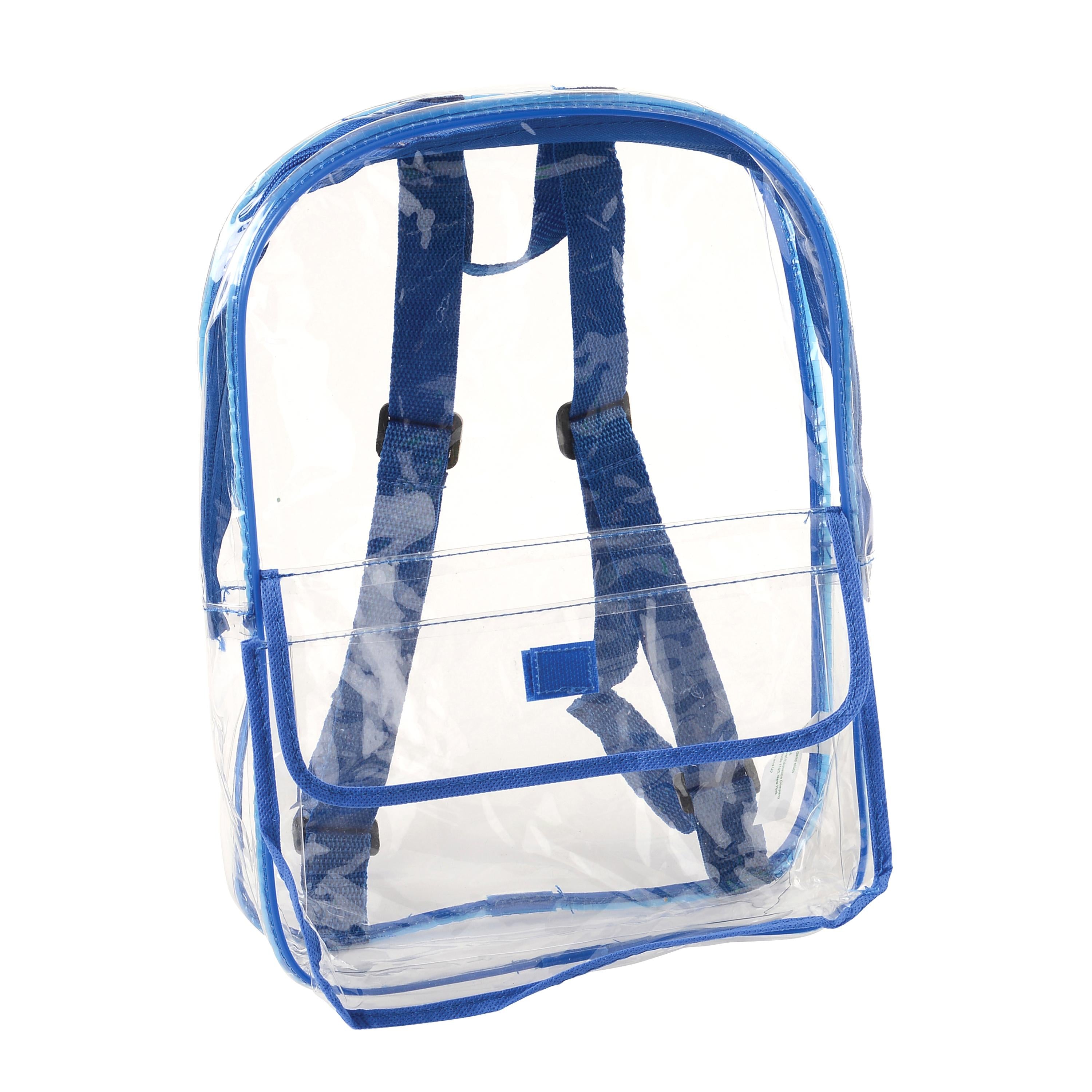 Clear backpack with blue straps on a white background