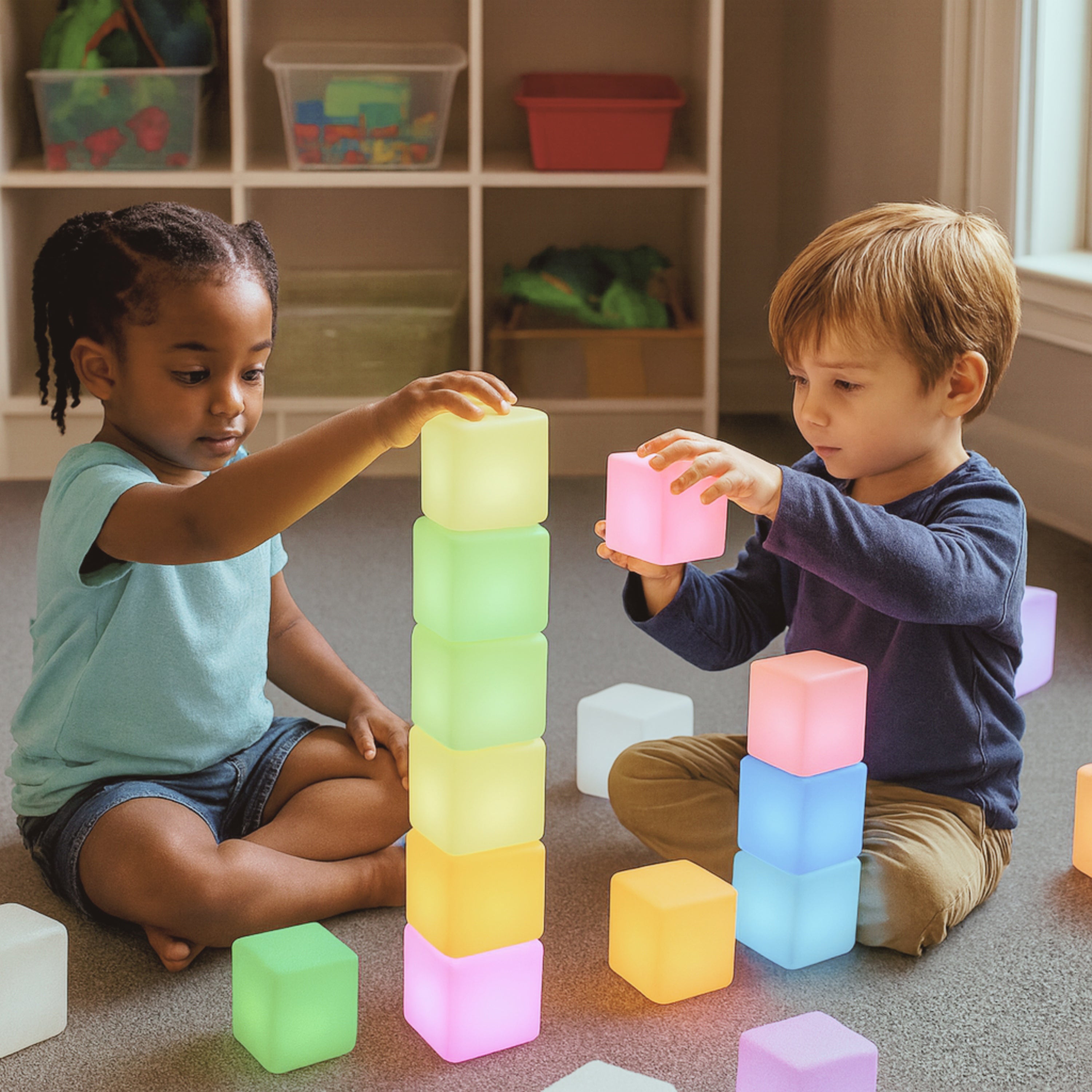 Two children playing with colorful light-up blocks in a classroom setting.