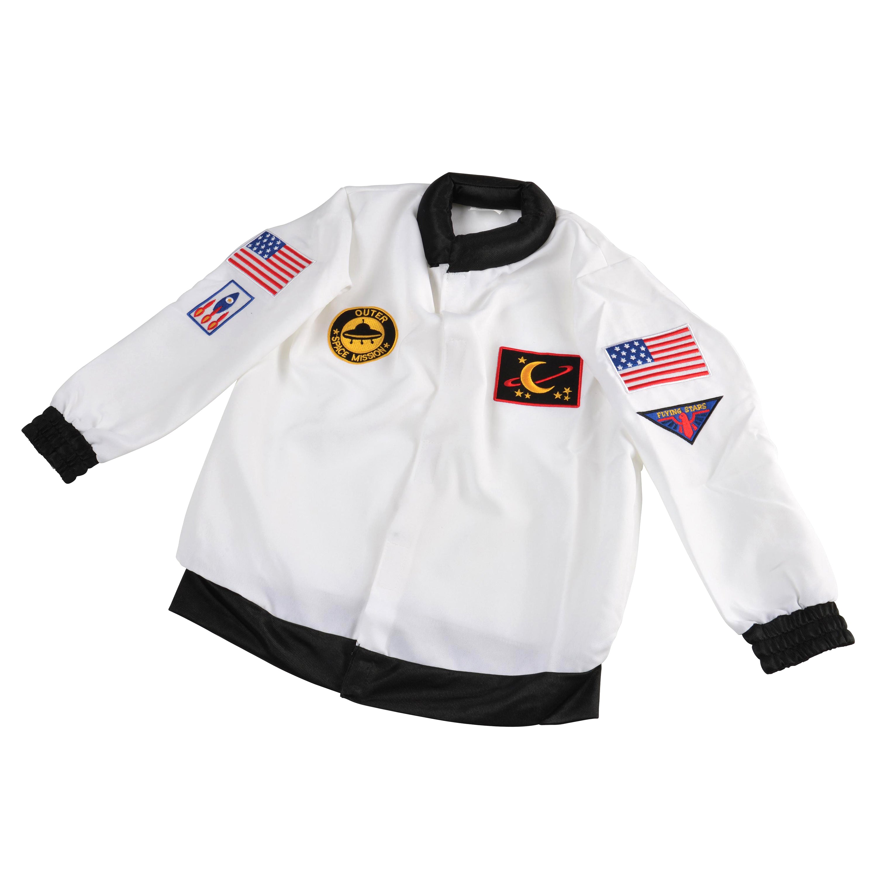 White jacket with black accents and various patches on a white background