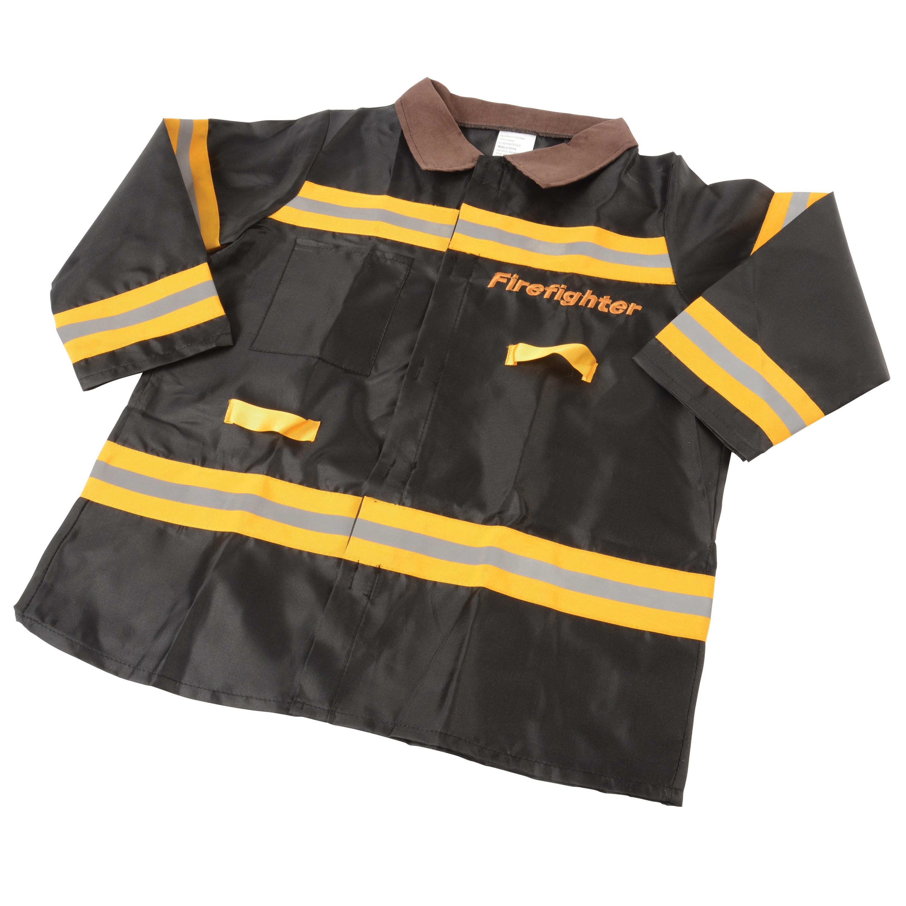 Black firefighter coat with yellow and reflective stripes on a white background