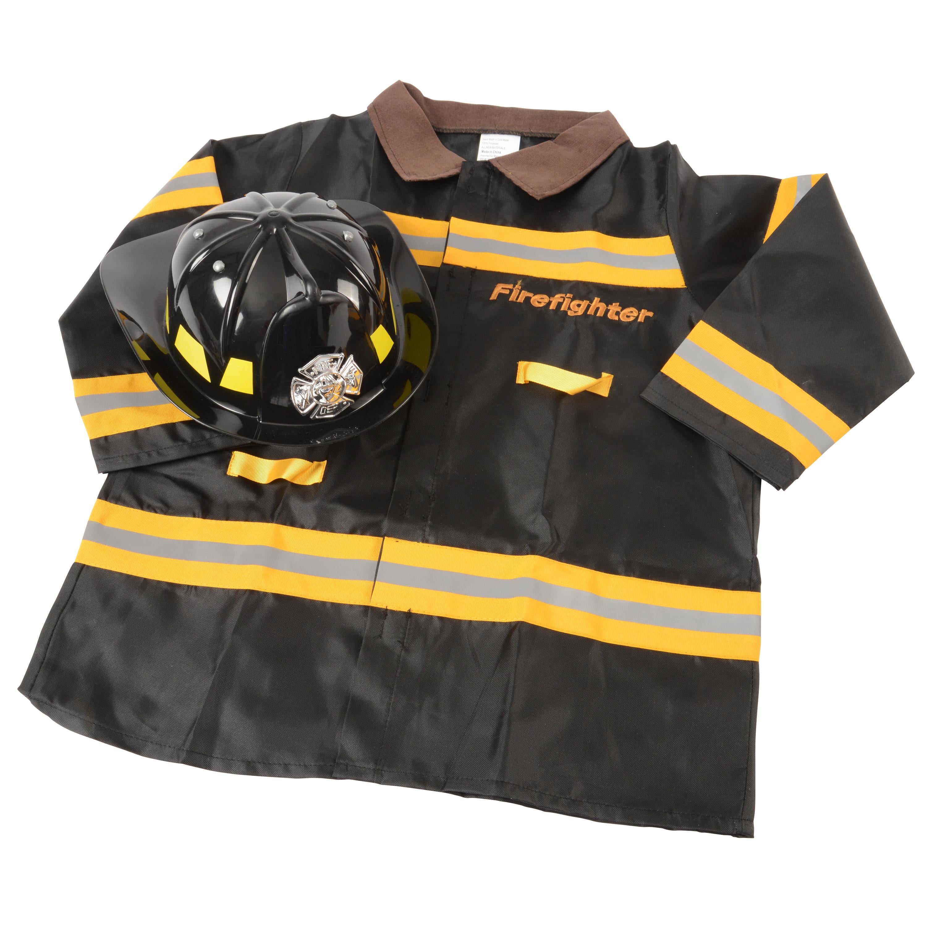 Black firefighter jacket with yellow stripes and a helmet on a white background