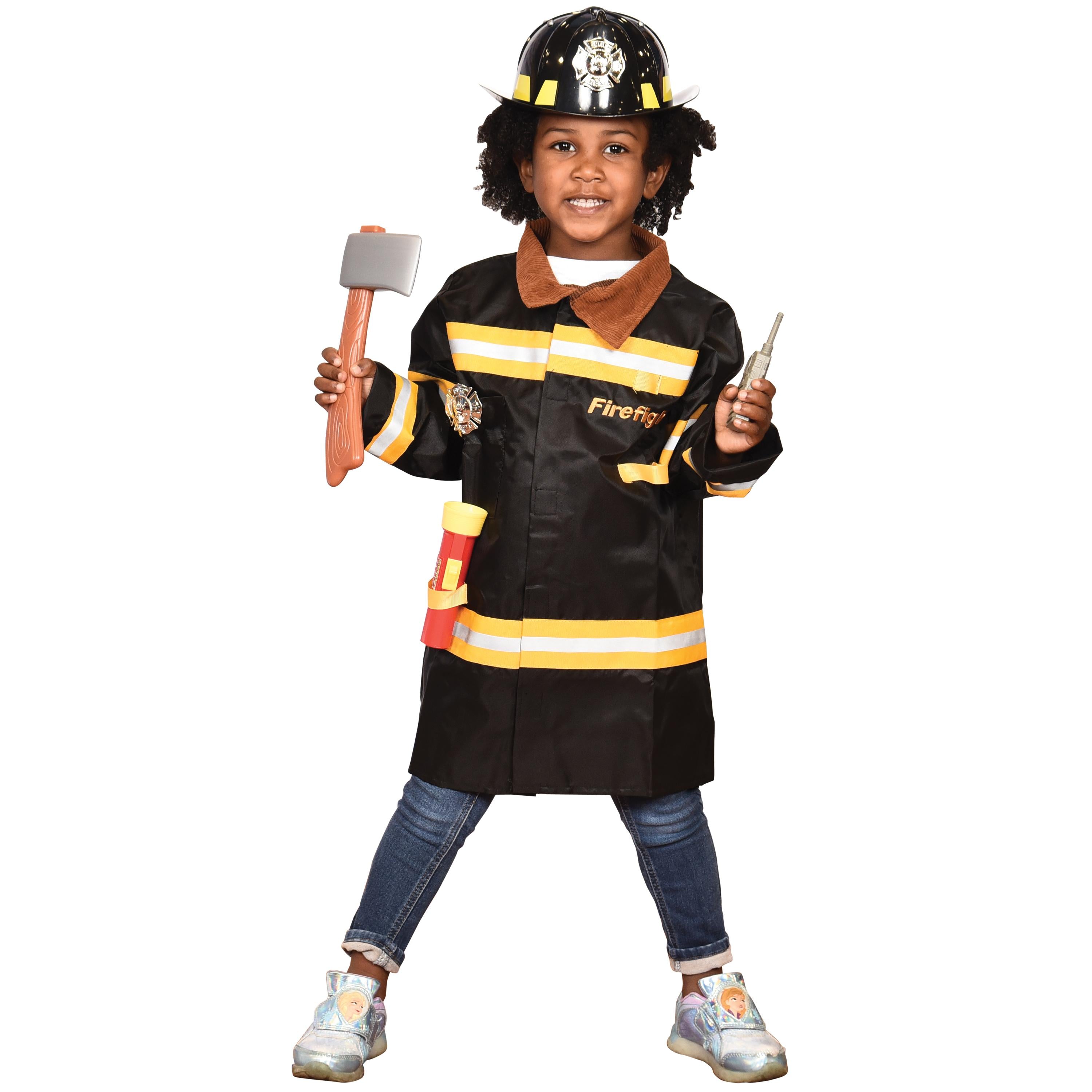 Child wearing a firefighter costume with a helmet, jacket, and tools on a white background