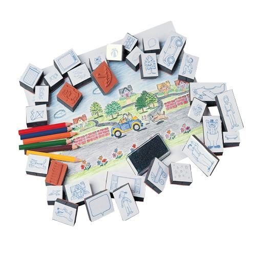 Set of children's stamps with a map design on a white background