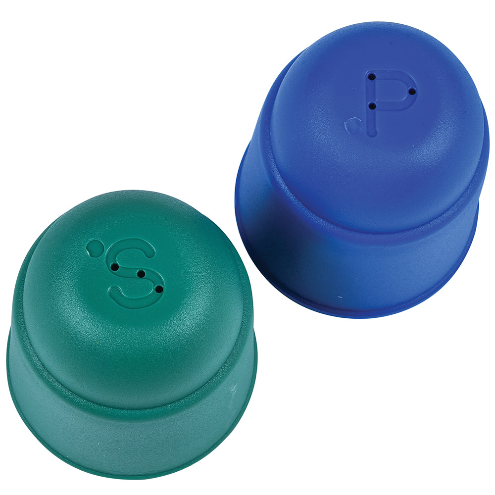 Two plastic cups, one green and one blue, with letter 'S' and 'P' embossed on a white background.