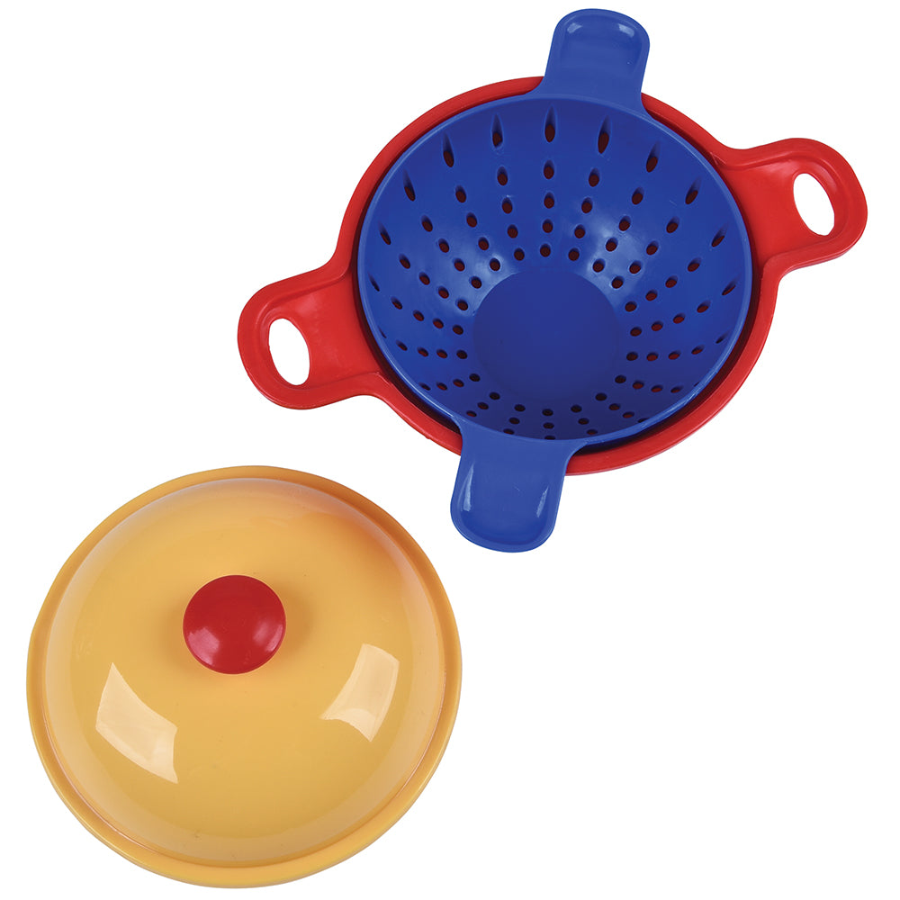Blue colander with red handles and yellow lid on a white background