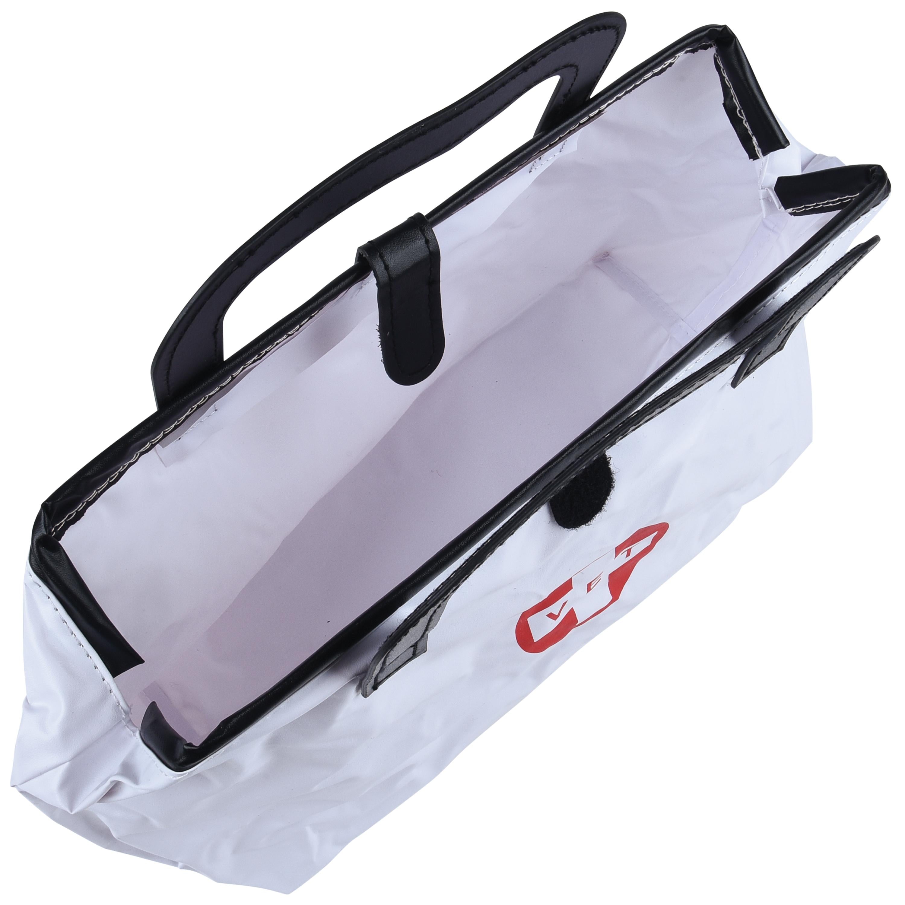 White bag with black handles and a red logo on a white background