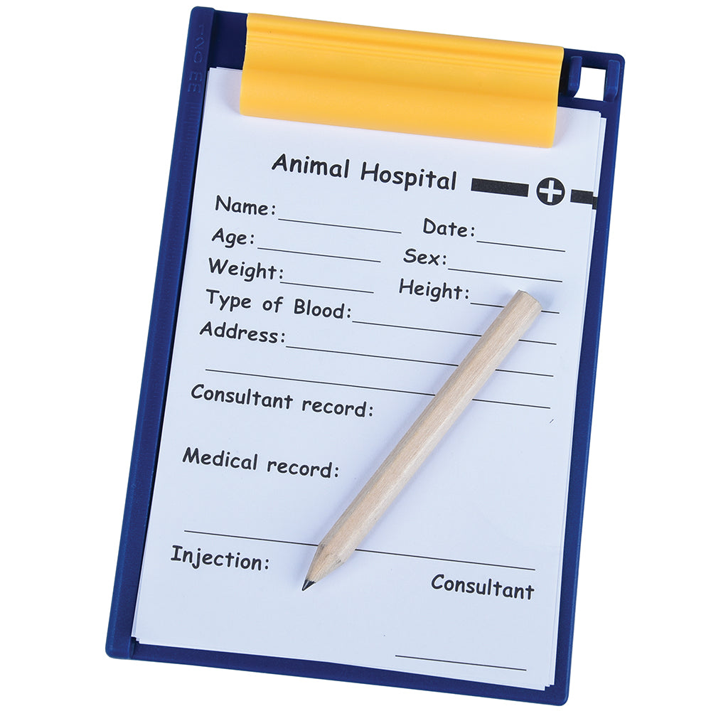 Clipboard with animal hospital record form and pencil on a white background