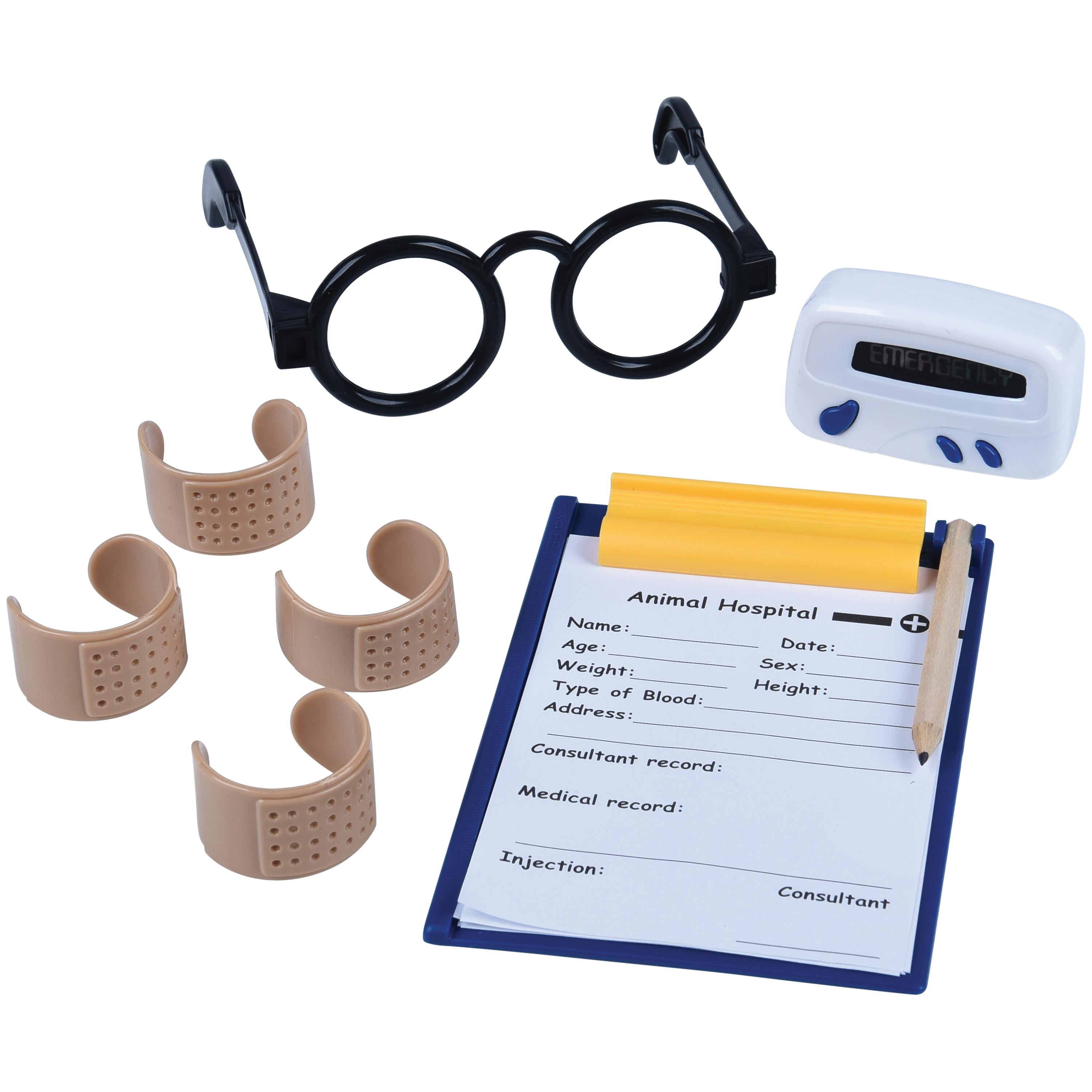 Set of props including glasses, wristbands, and a clipboard with an animal hospital form on a white background.