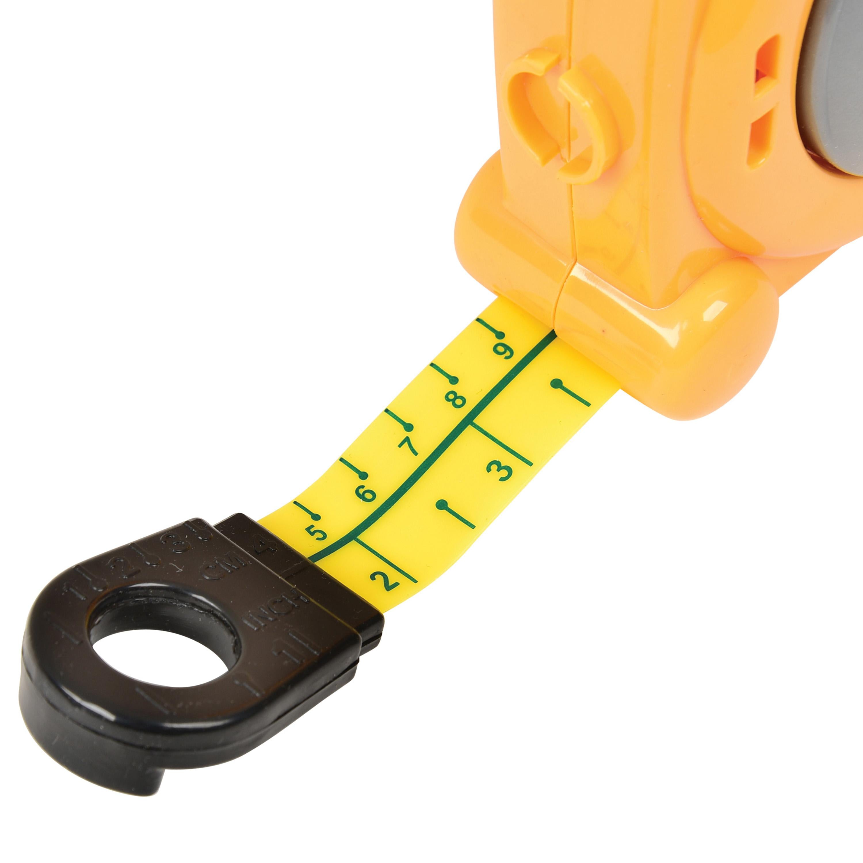 Close-up of a tape measure with yellow tape and orange casing on a white background