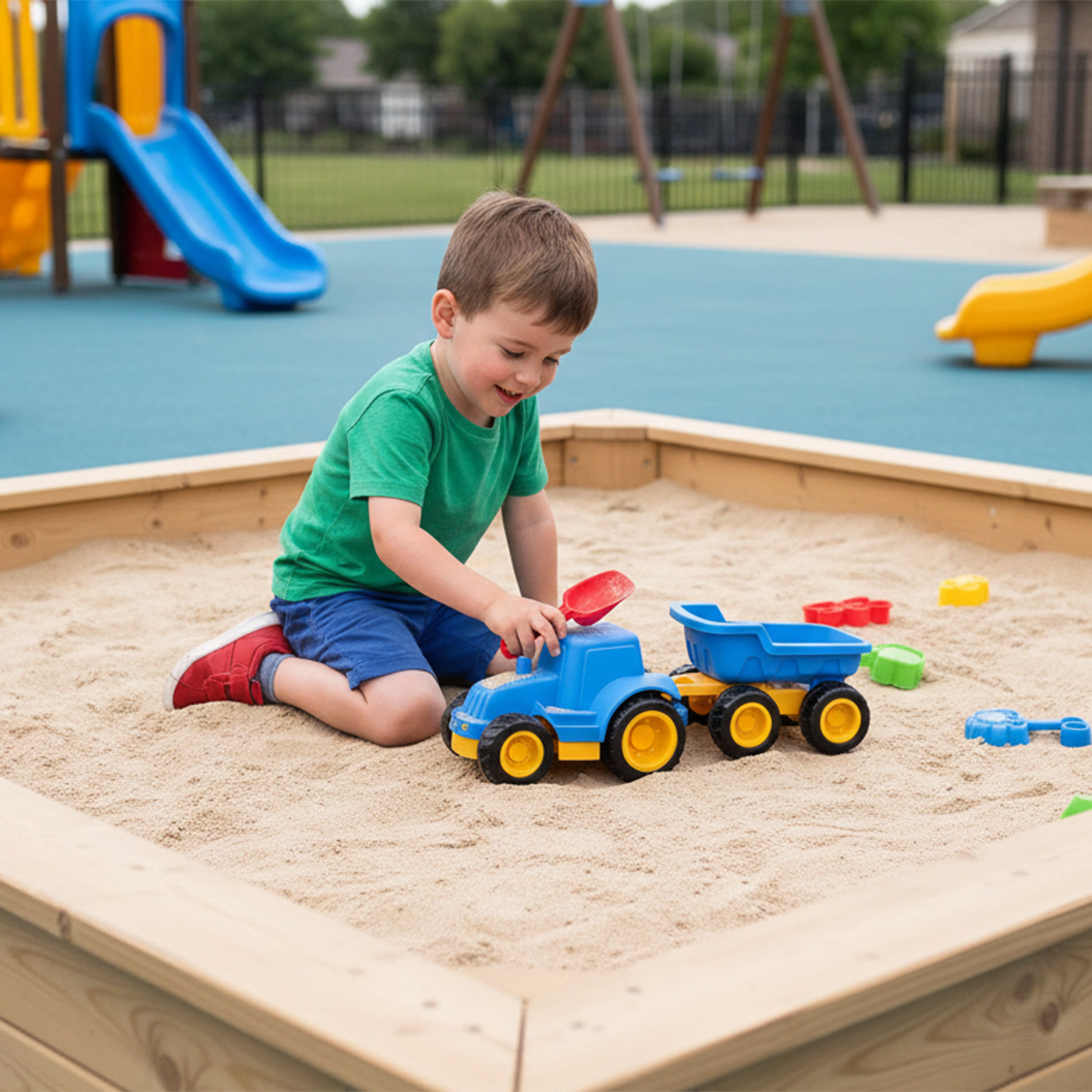Child playing with toy trucks in a sandbox at a playground