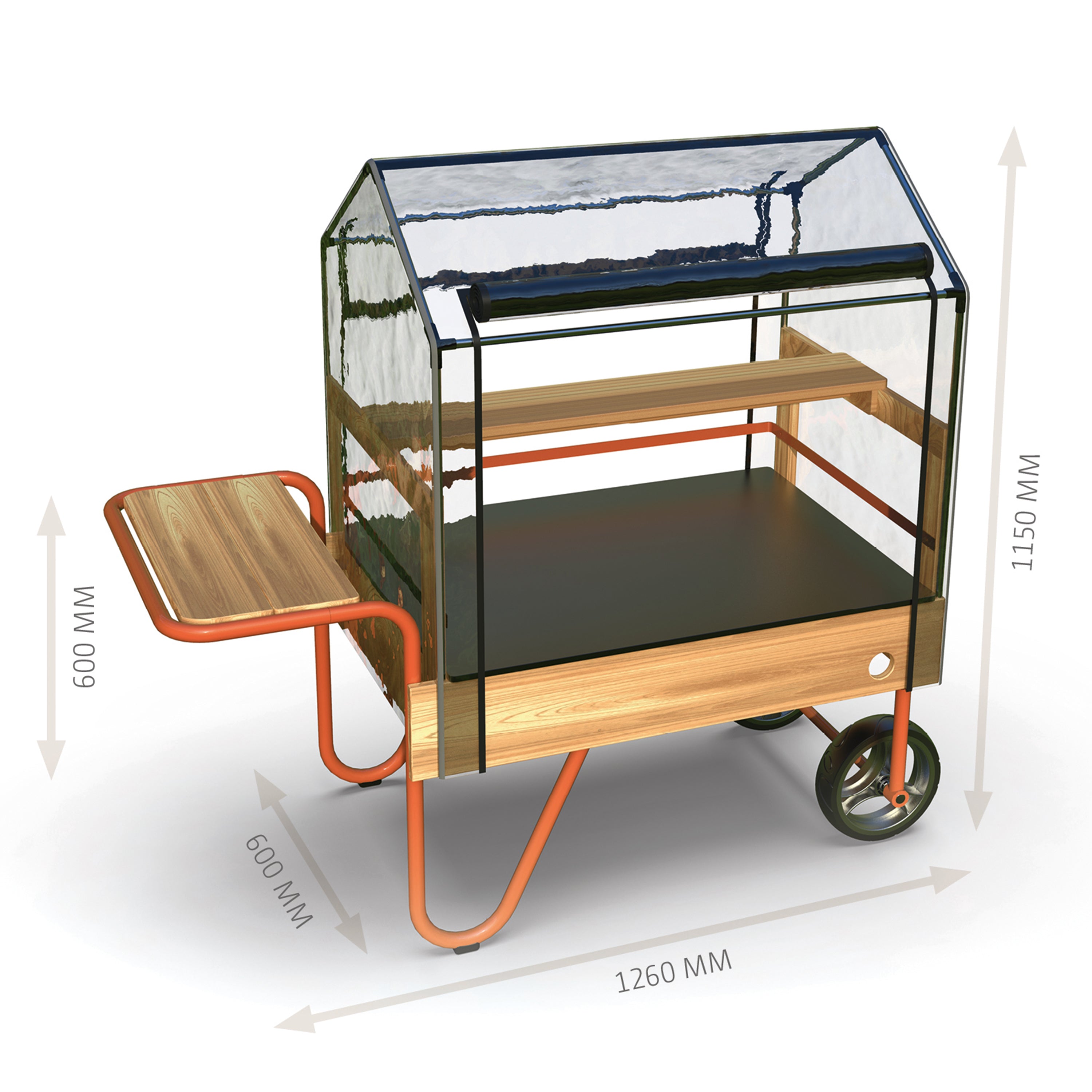 A small retail display cart with a wooden frame, clear mesh canopy, black interior shelf, and orange metal legs, shown with dimension arrows and labels on a white background.