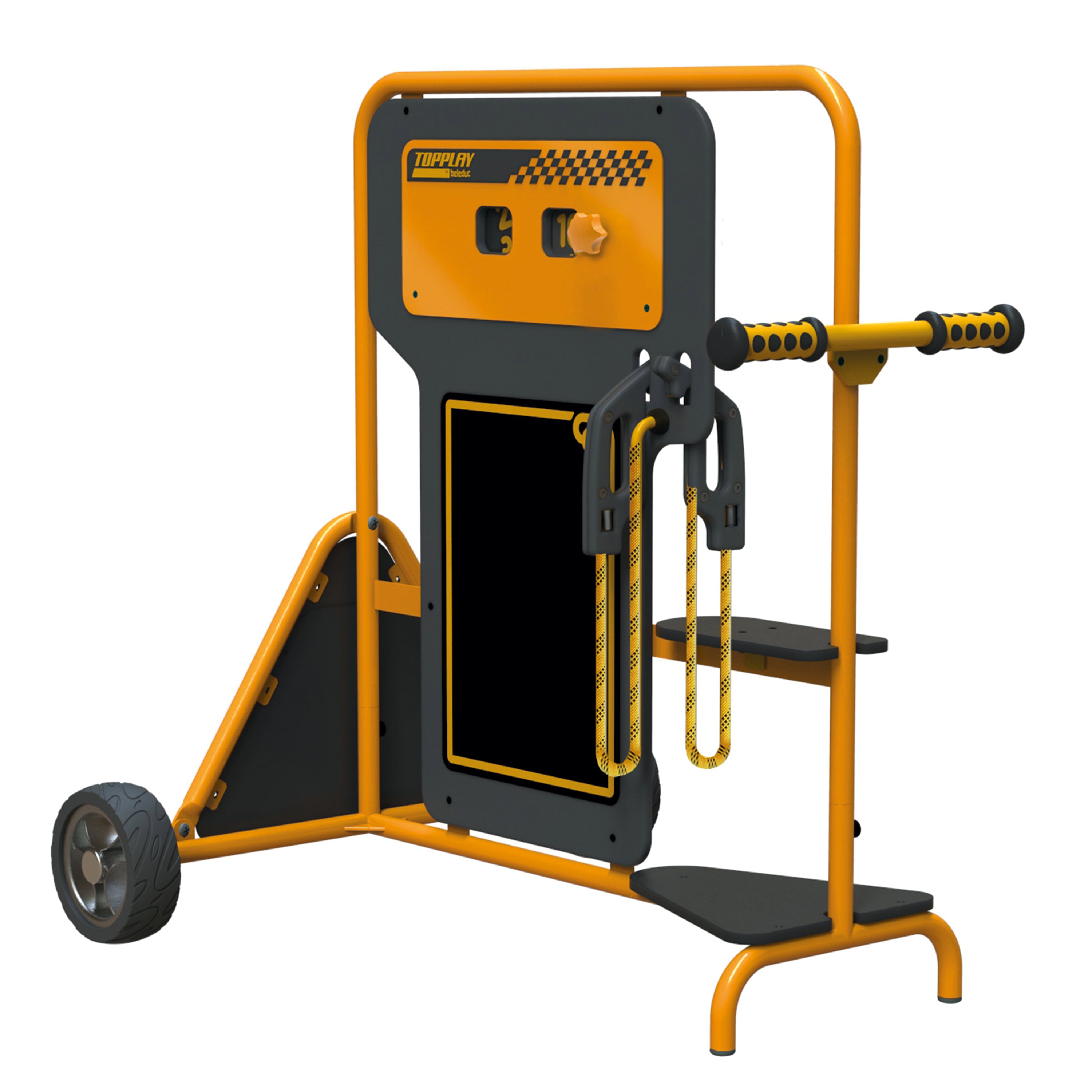 An orange and black portable fuel dump cart with a triangular stop sign on the front on a white background