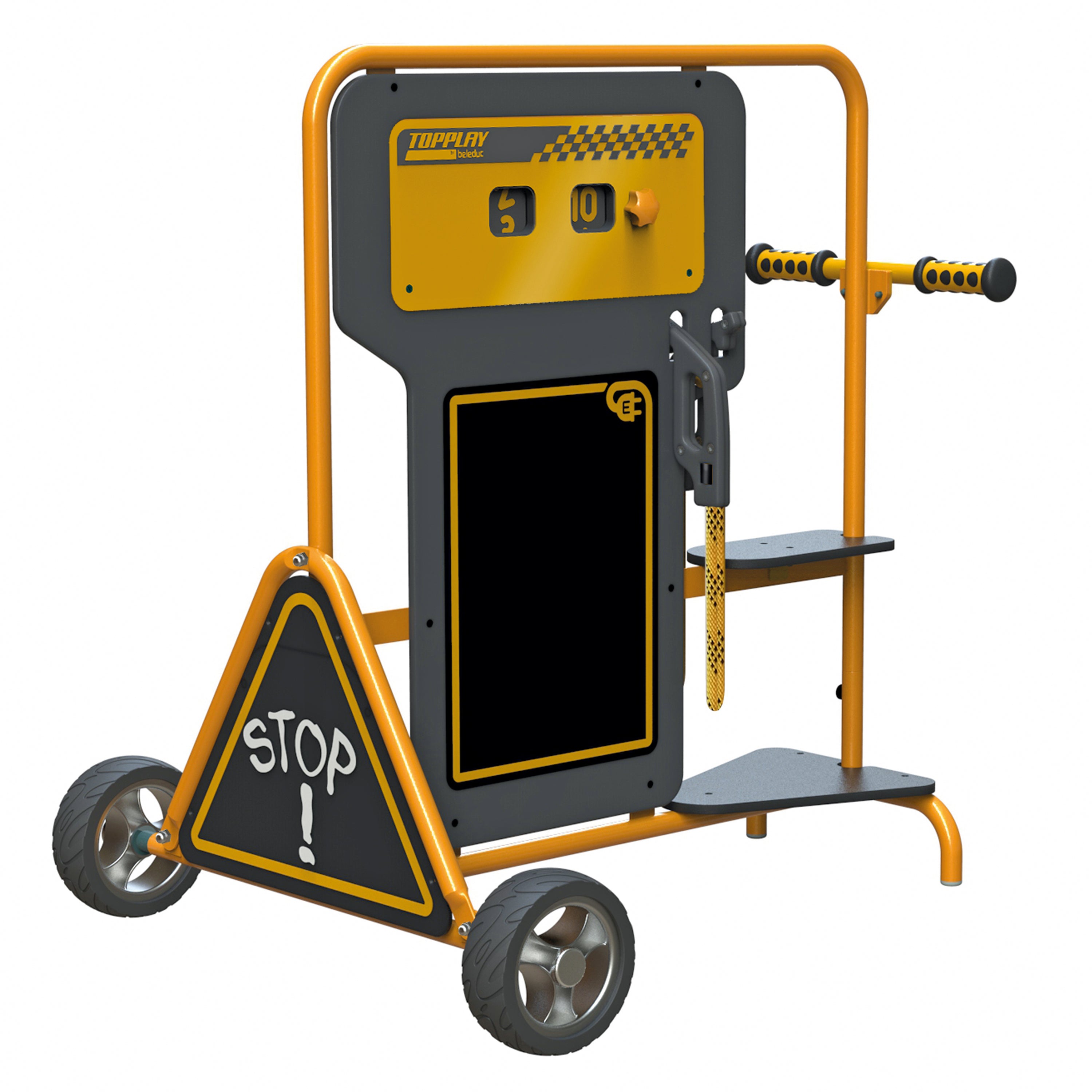 An orange and black portable fuel dump cart with a triangular stop sign on the front on a white background