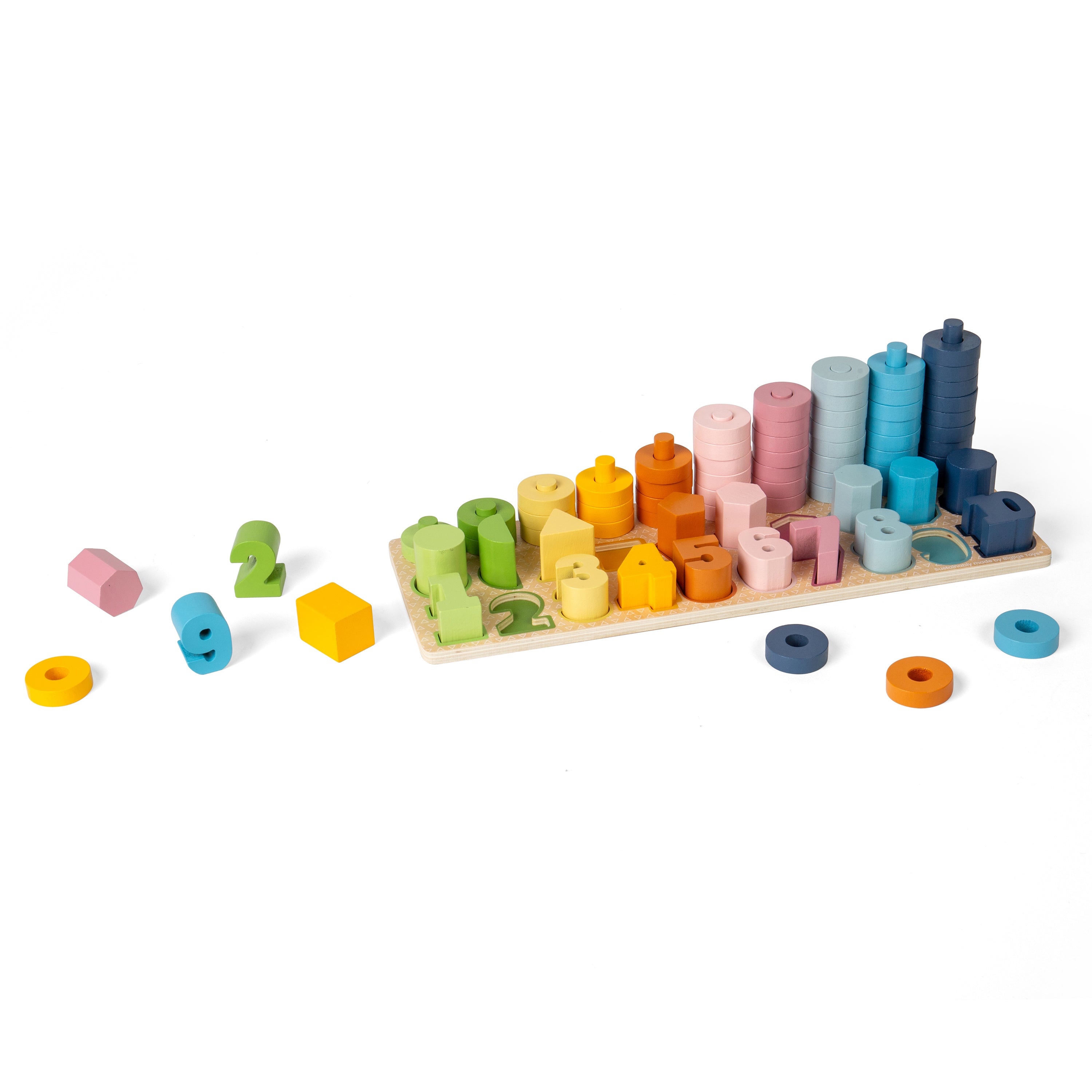 Colorful wooden shape sorting toy on a white background