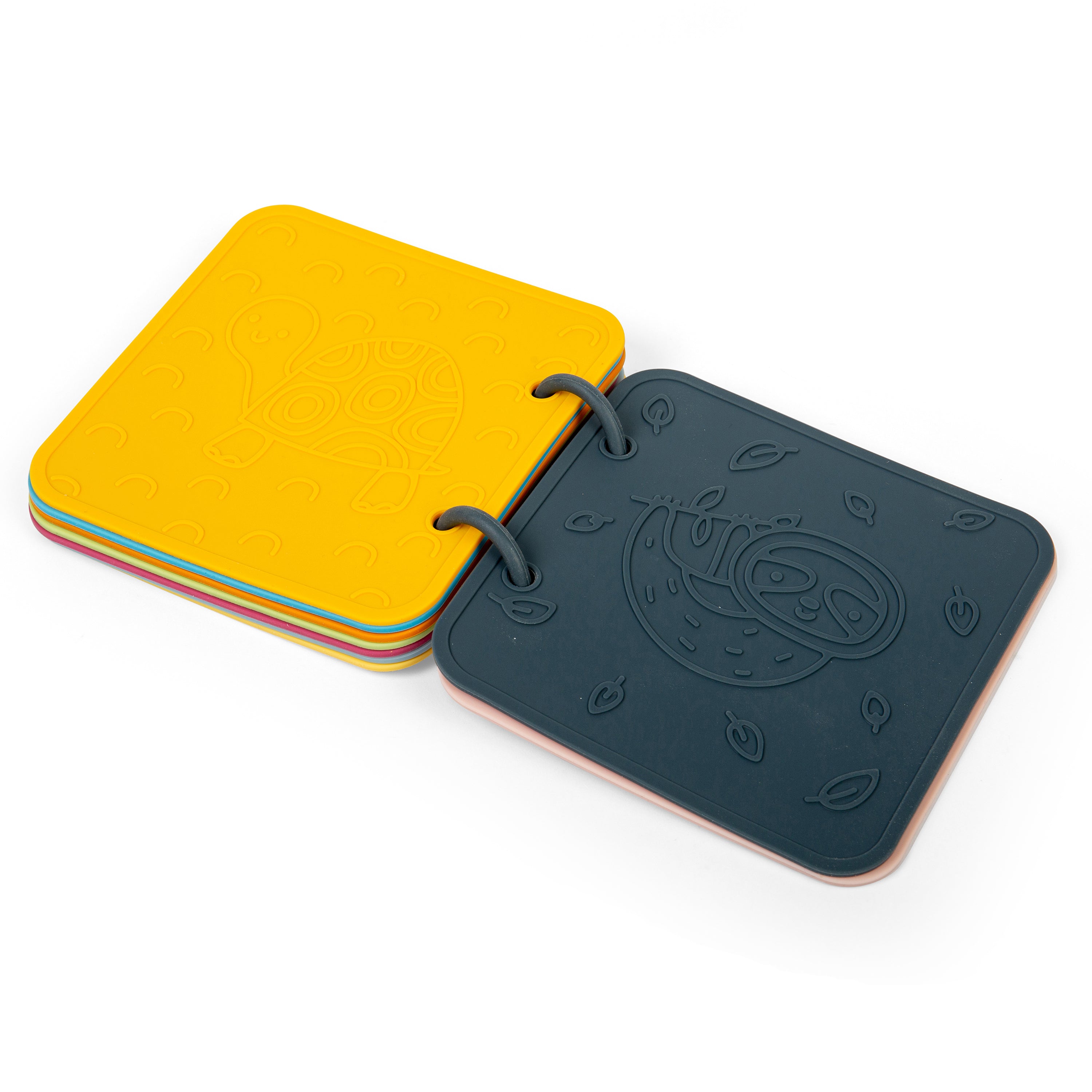 Set of colorful square pages with a central dark blue page featuring an embossed design.