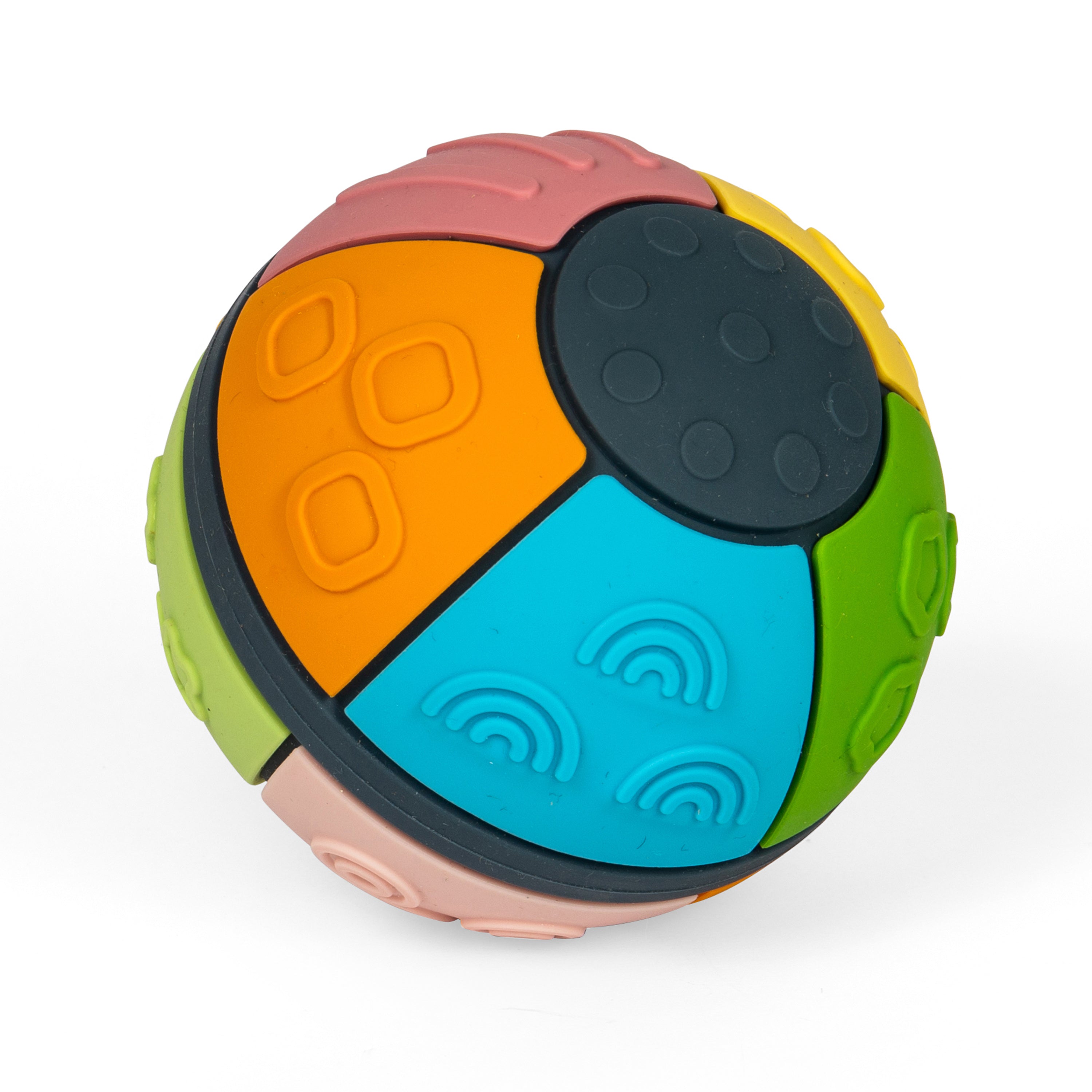 A colorful textured sensory ball toy with segmented panels in pink, orange, dark gray, blue, green, and yellow, shown on a clean white background.