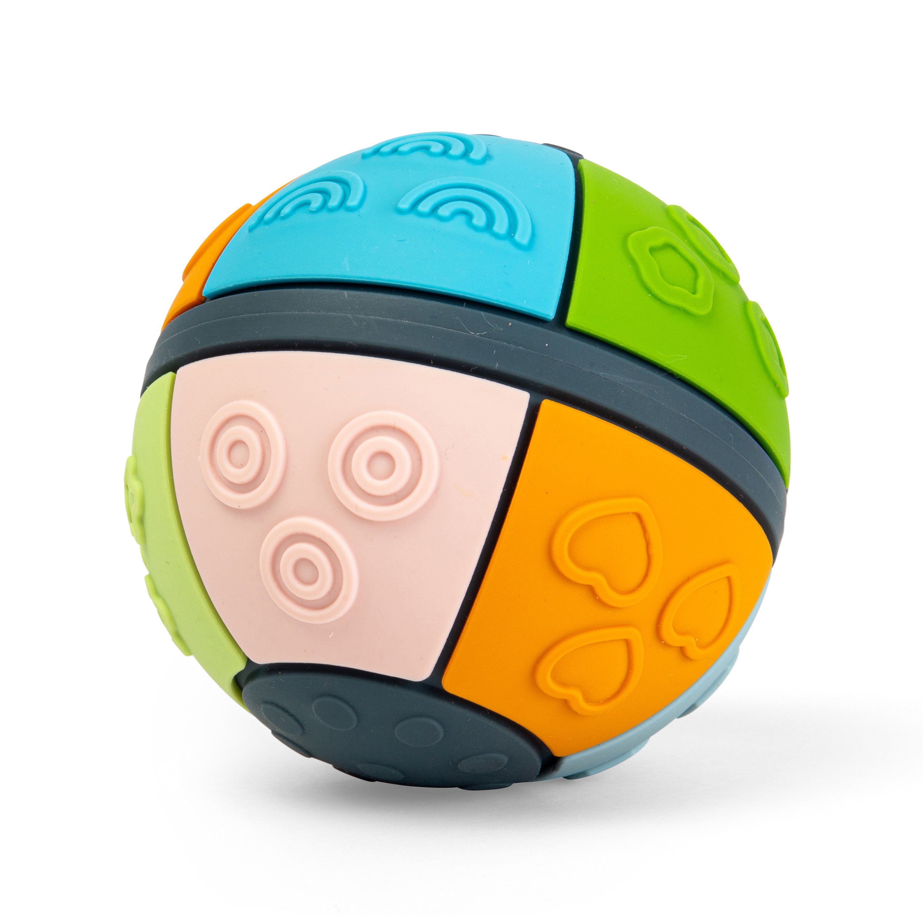 A colorful textured sensory ball toy with segmented panels in blue, green, peach, orange, and dark gray, each featuring different embossed patterns, shown on a white background.