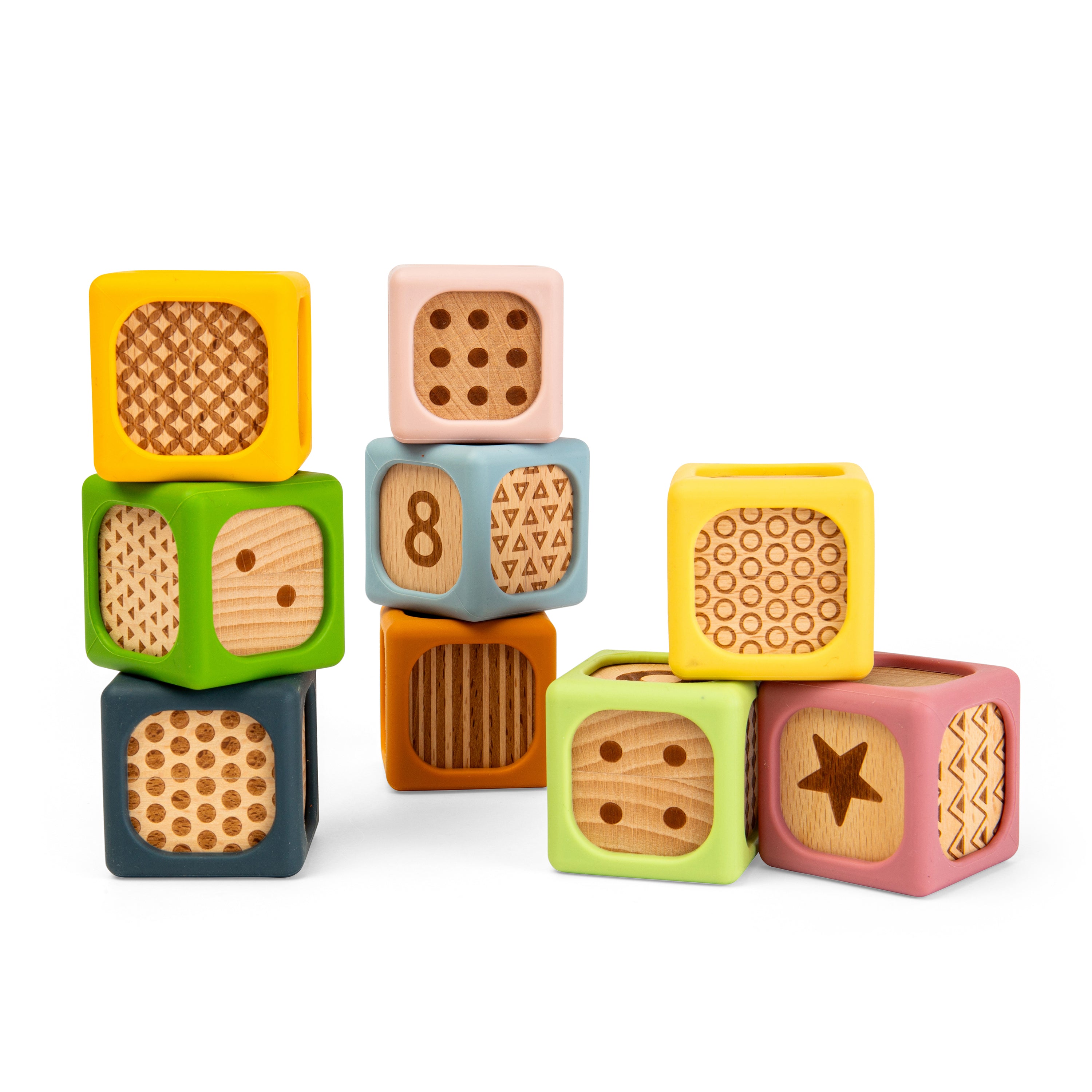 A set of colorful wooden toy blocks stacked together on a white background. The blocks are painted in yellow, green, blue, orange, pink, and light green, with natural wood faces showing different patterns and numbers.