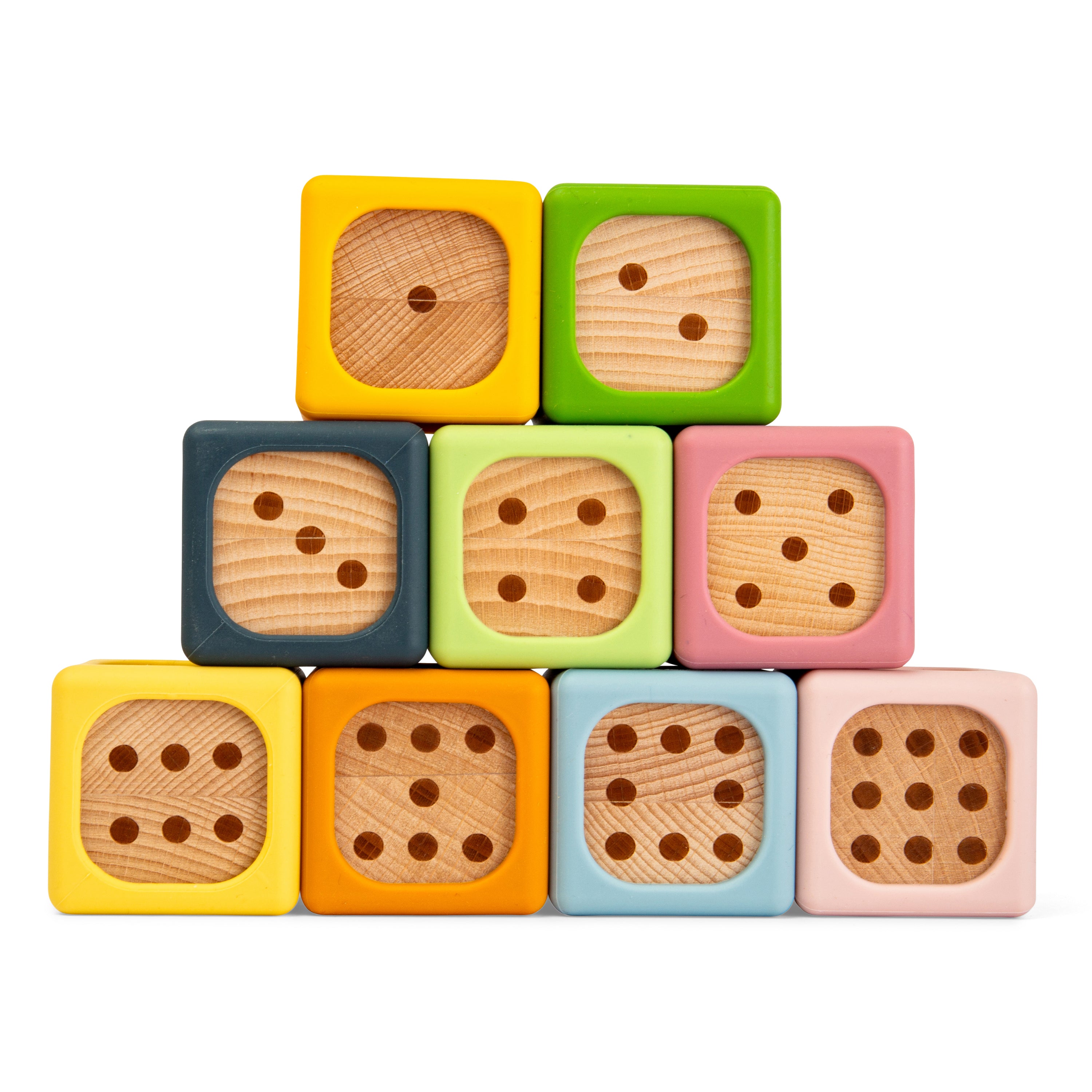 A set of colorful wooden toy blocks stacked in a pyramid on a plain white background. The blocks have rounded corners, a smooth painted exterior in various pastel and bright colors, and a natural unfinished wood face with engraved dots showing the numbers.