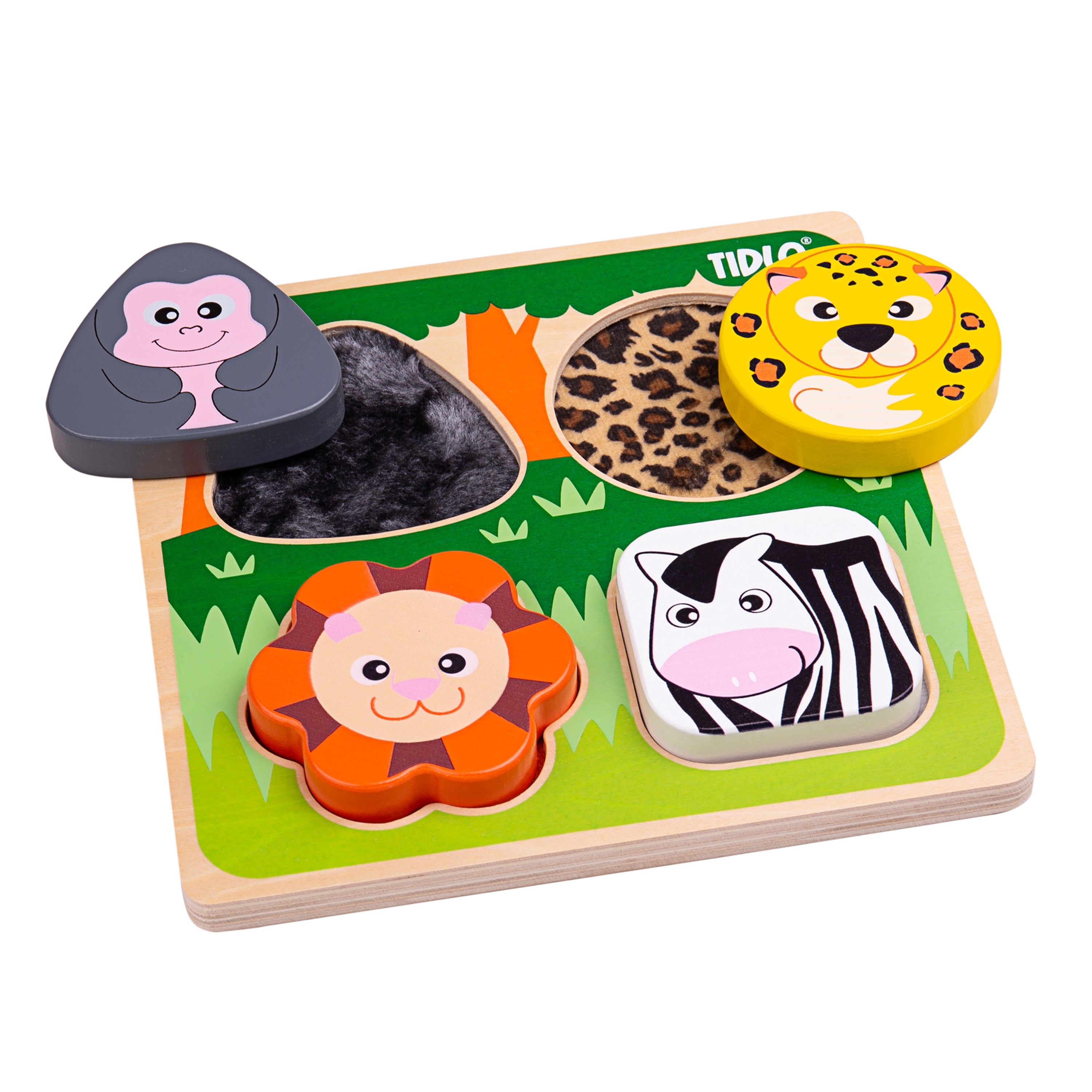 Children's puzzle with animal-themed wooden pieces on a green base