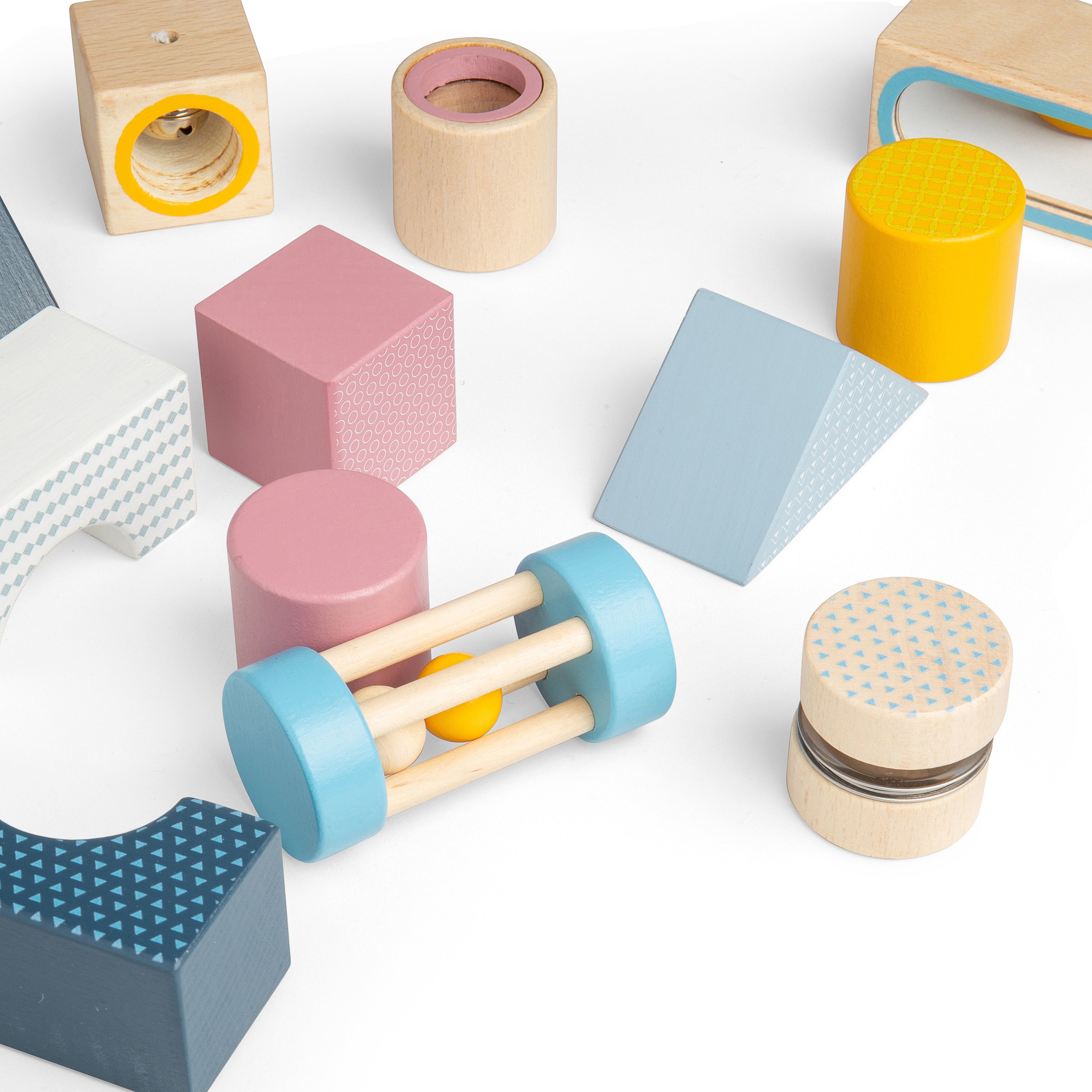 Colorful wooden toys on a white background