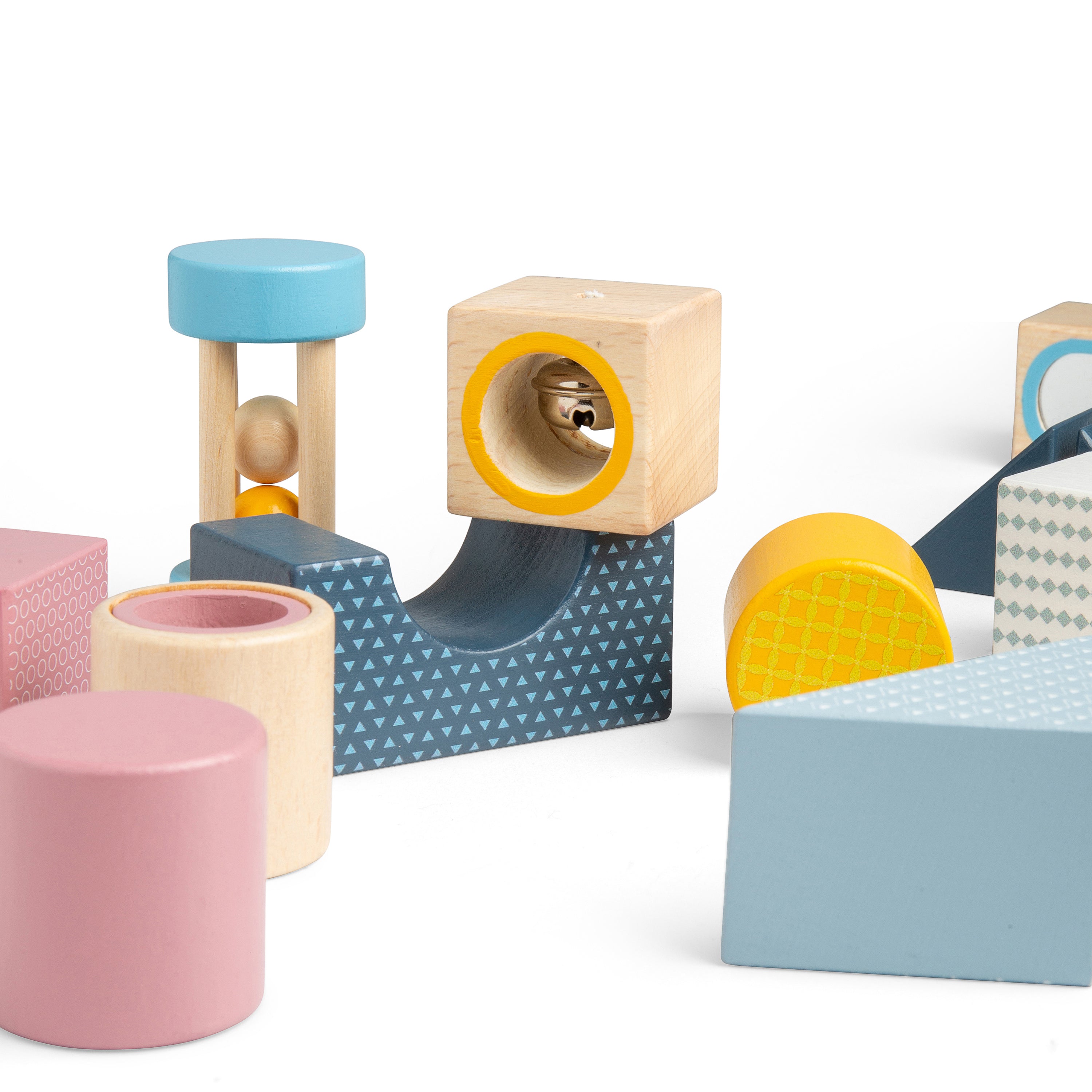 Colorful wooden toy blocks on a white background