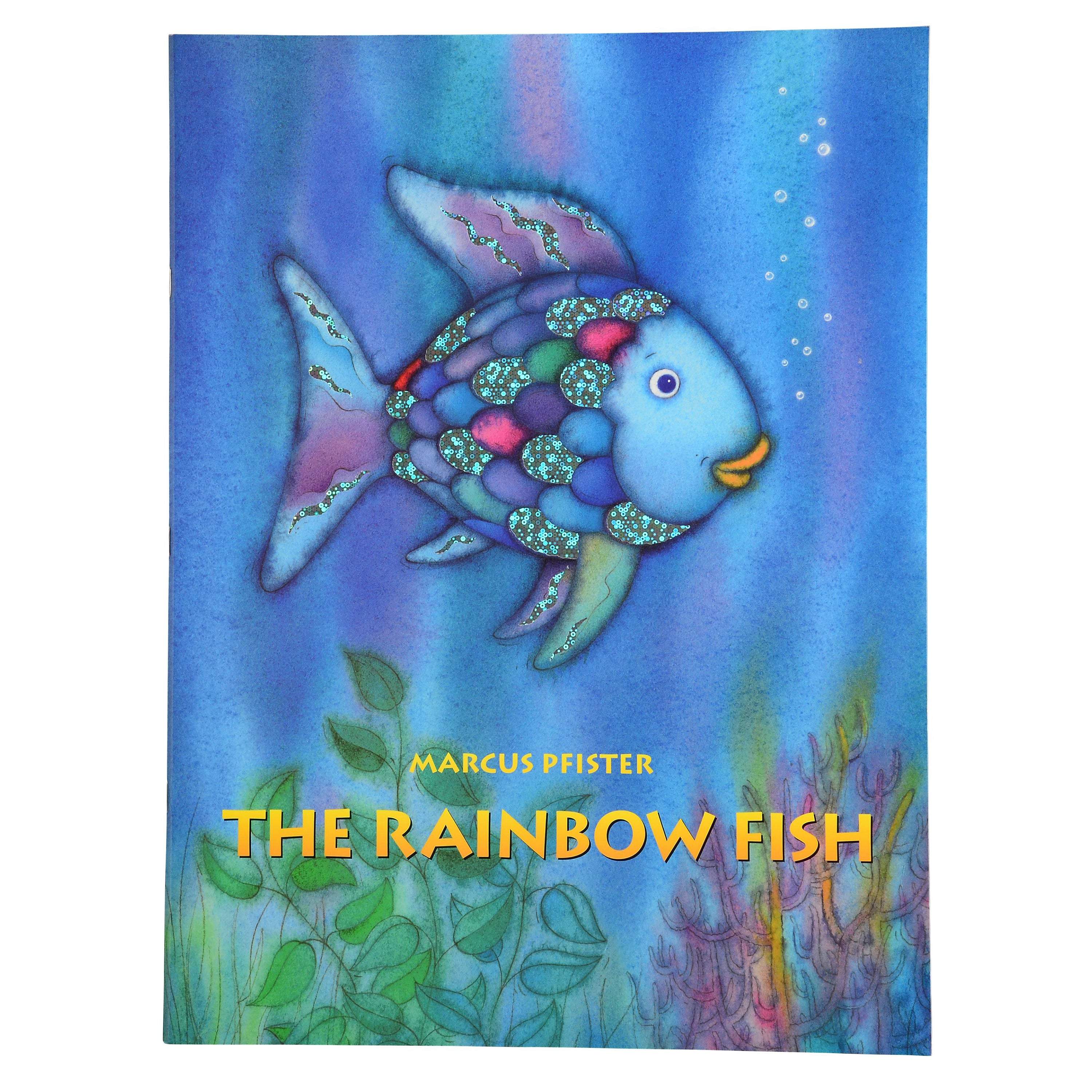 Book cover of 'The Rainbow Fish' with a colorful fish illustration on a blue underwater background.