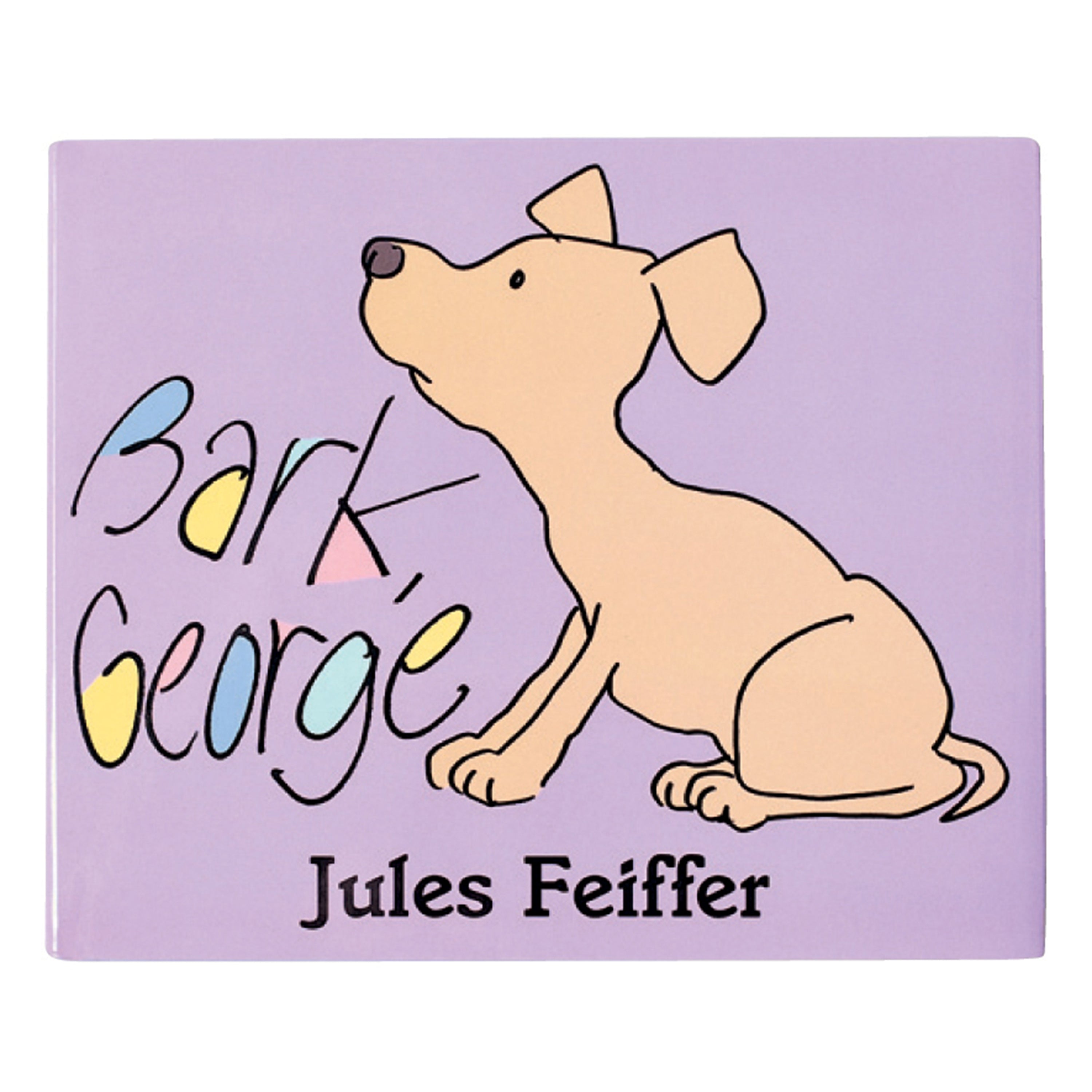 Book cover of 'Bark, George' by Jules Feiffer with a dog illustration on a purple background.