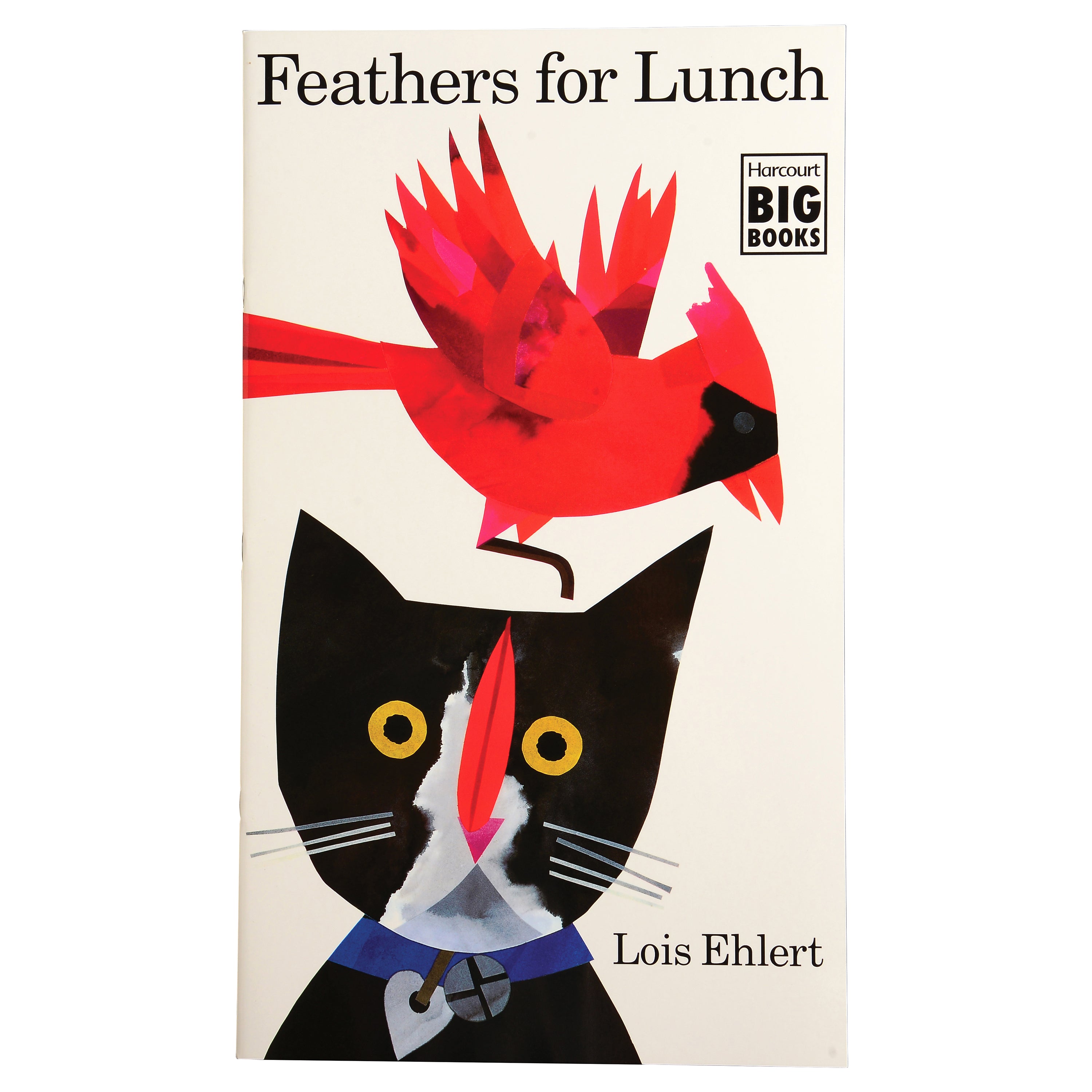 Book cover of 'Feathers for Lunch' with a cat and bird illustration.