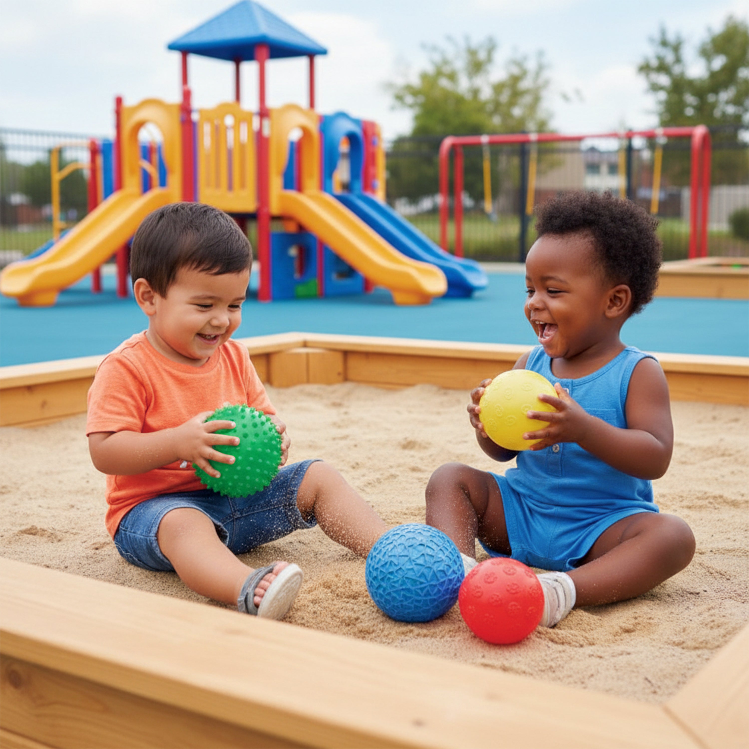 Two children playing with colorful balls in a sandbox with a playground in the background.