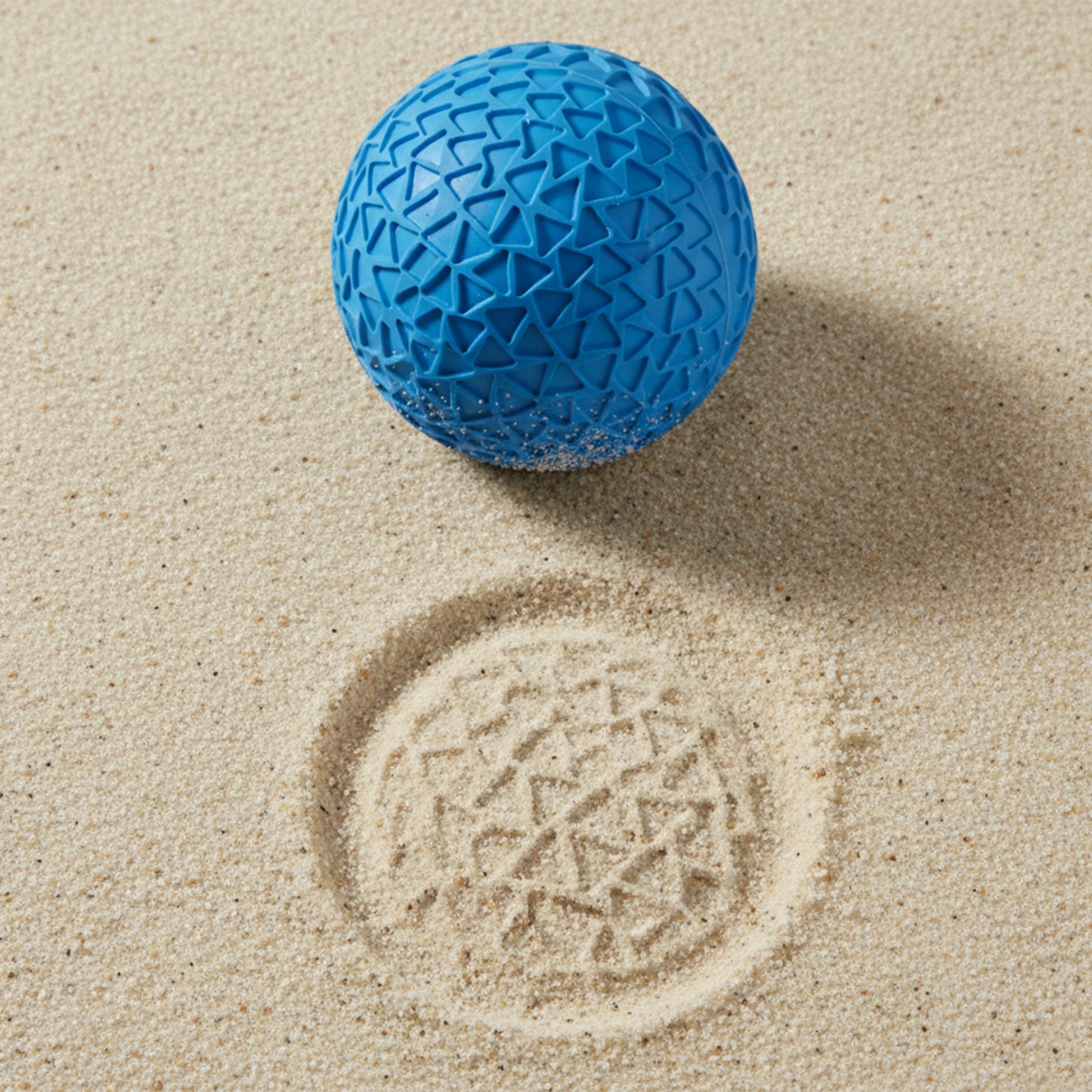 Blue textured ball on sand with a circular impression